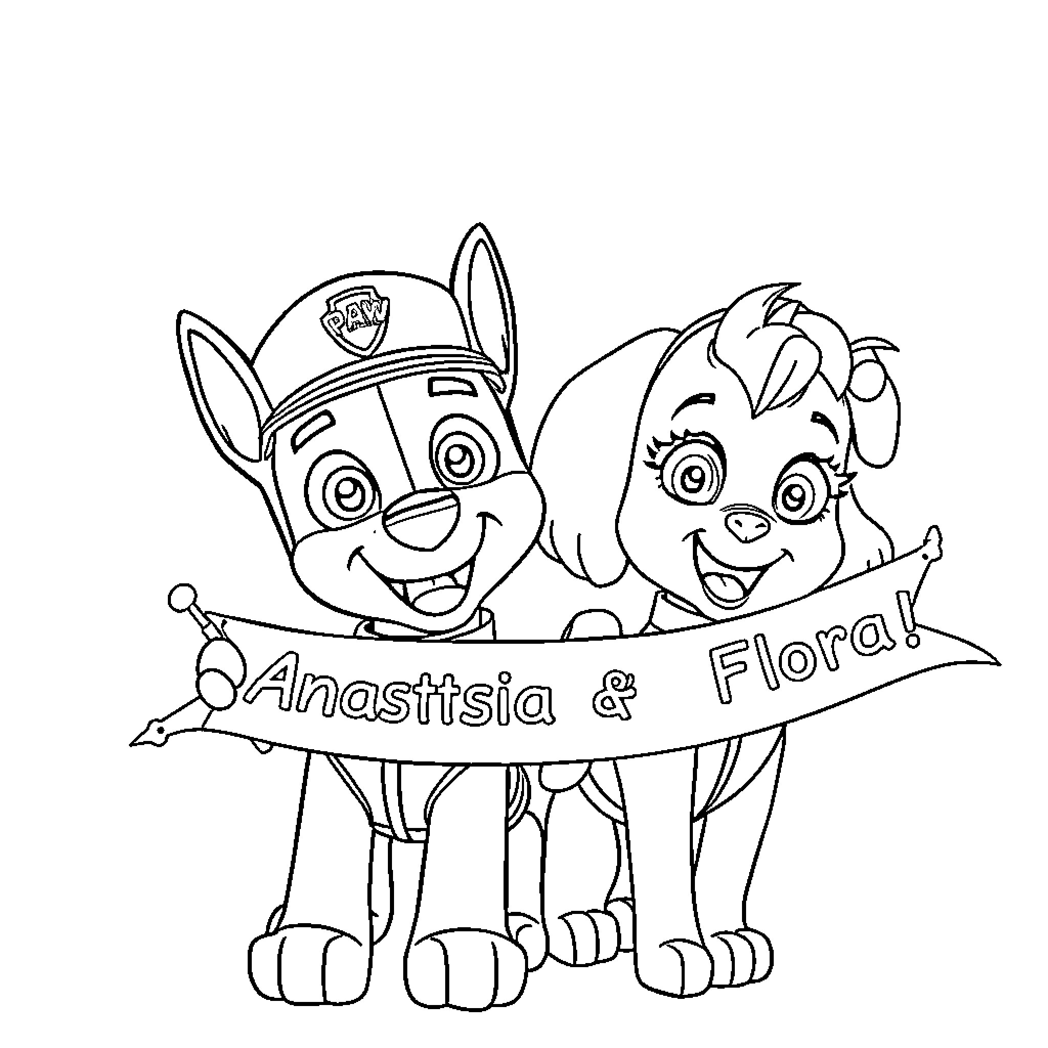 Paw Patrol characters Anastasia and Flora holding a banner Coloring Page (free black-and-white line drawing printable PDF for all, from beginners to advanced learners, including children, teens, adults, and seniors)