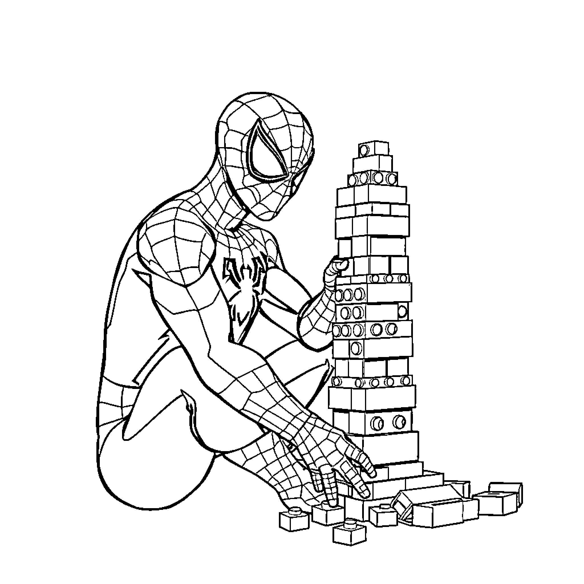 Spiderman building a block tower Coloring Page (free black-and-white line drawing printable PDF for all, from beginners to advanced learners, including children, teens, adults, and seniors)