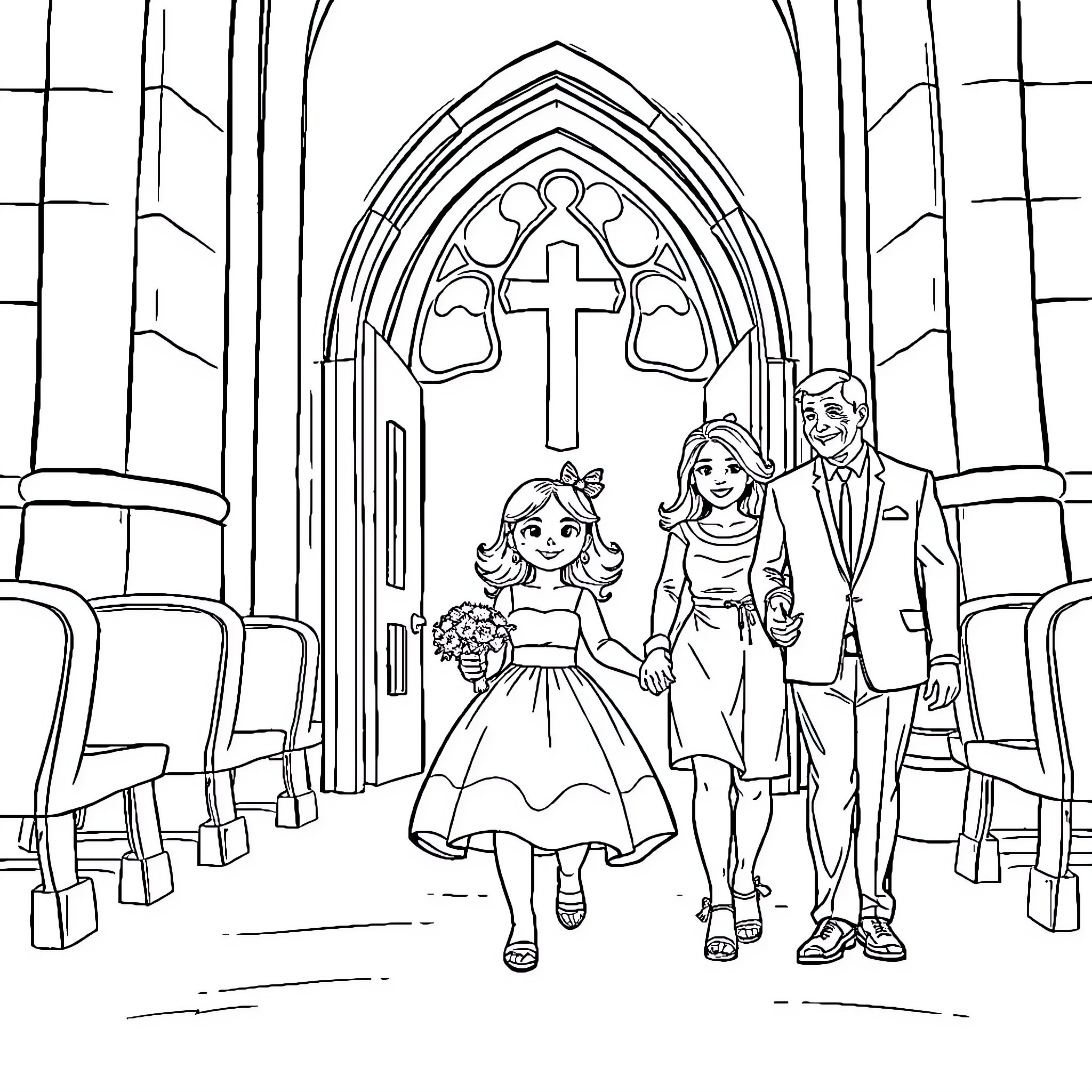 Girl and family entering a church Coloring Page (free black-and-white line drawing printable PDF for all, from beginners to advanced learners, including children, teens, adults, and seniors)