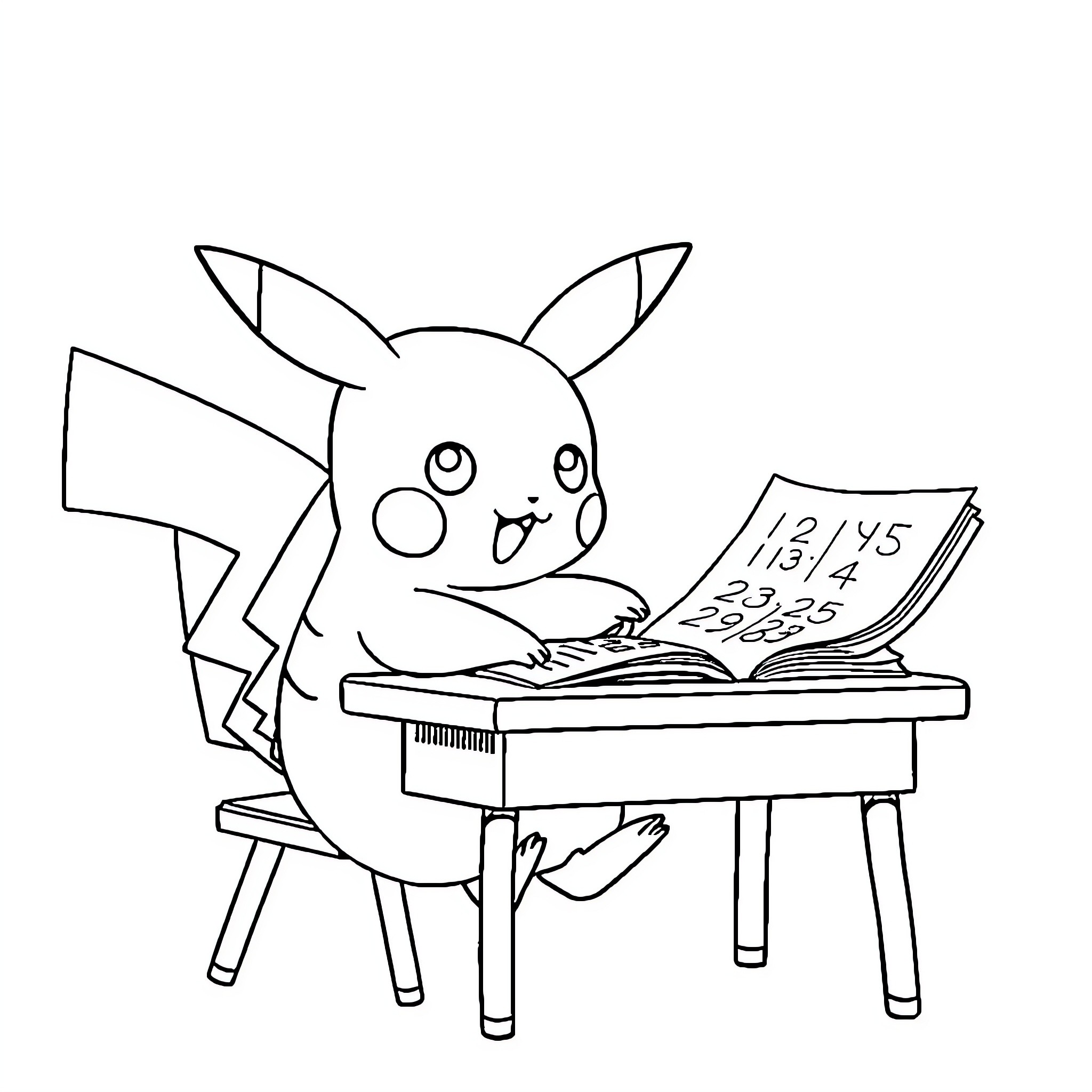 Pikachu studying diligently at a desk Coloring Page (free black-and-white line drawing printable PDF for all, from beginners to advanced learners, including children, teens, adults, and seniors)