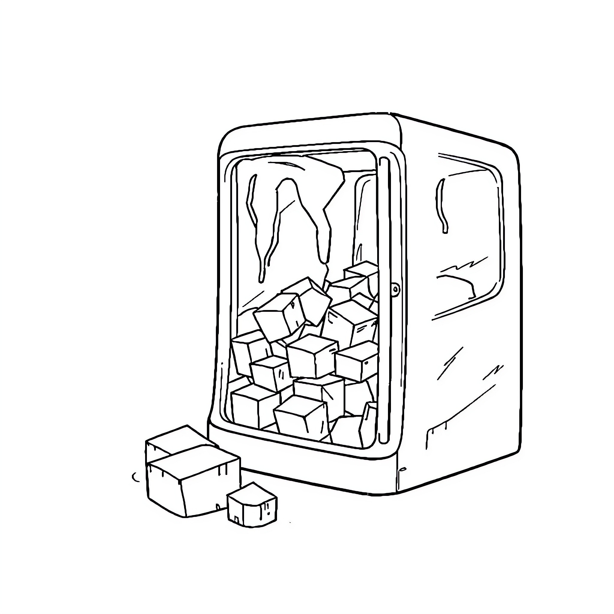 Ice Machine with Frozen Cubes Coloring Page (free black-and-white line drawing printable PDF for all, from beginners to advanced learners, including children, teens, adults, and seniors)