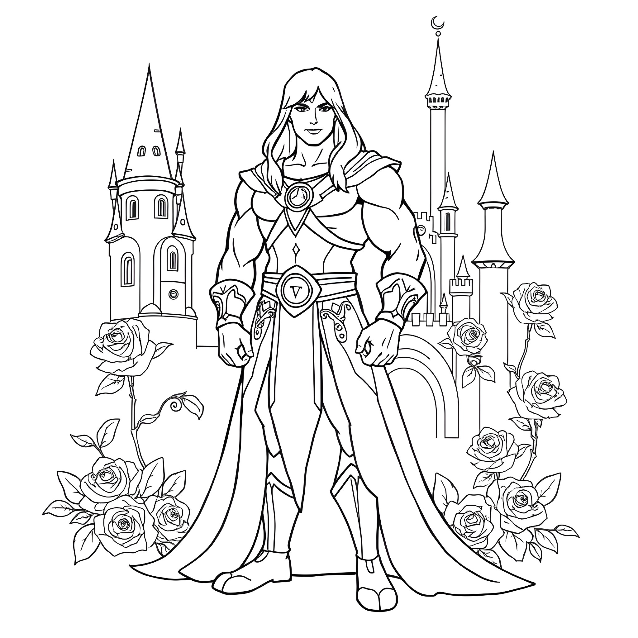 He-Man in a Heroic Pose with Castles and Roses Coloring Page (free black-and-white line drawing printable PDF for all, from beginners to advanced learners, including children, teens, adults, and seniors)