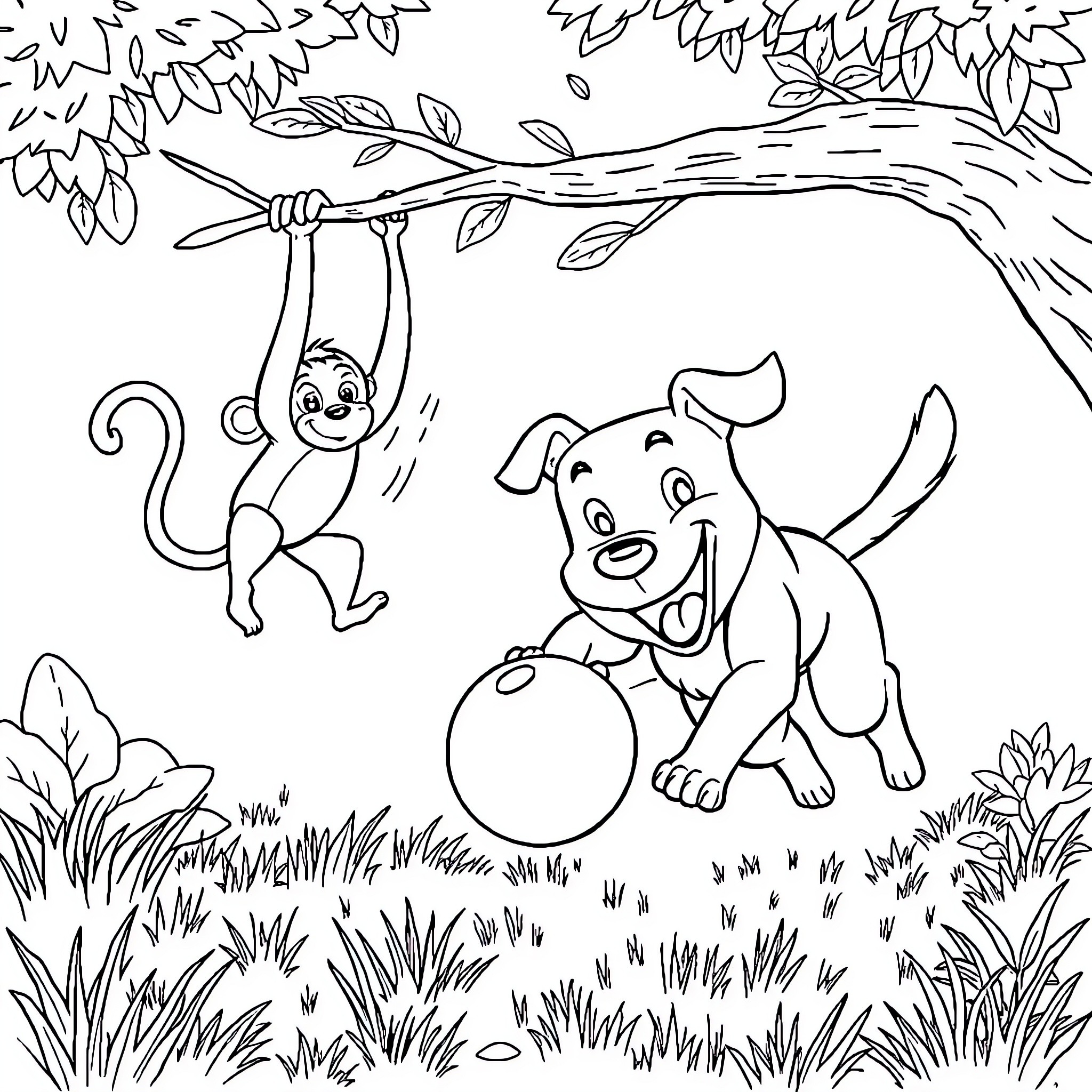 Dog and Monkey Playing in the Jungle Coloring Page (free black-and-white line drawing printable PDF for all, from beginners to advanced learners, including children, teens, adults, and seniors)