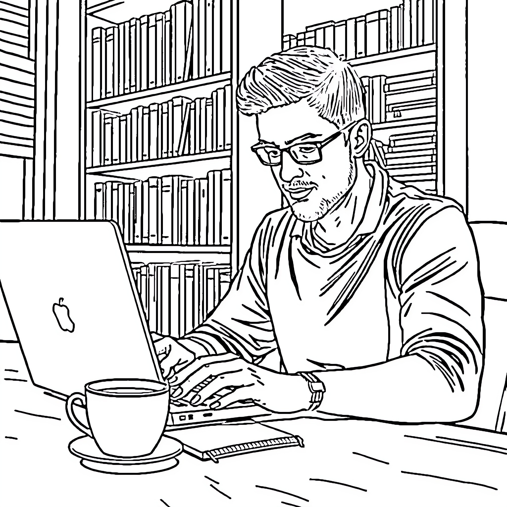 Student working diligently at laptop in library Coloring Page (free black-and-white line drawing printable PDF for all, from beginners to advanced learners, including children, teens, adults, and seniors)