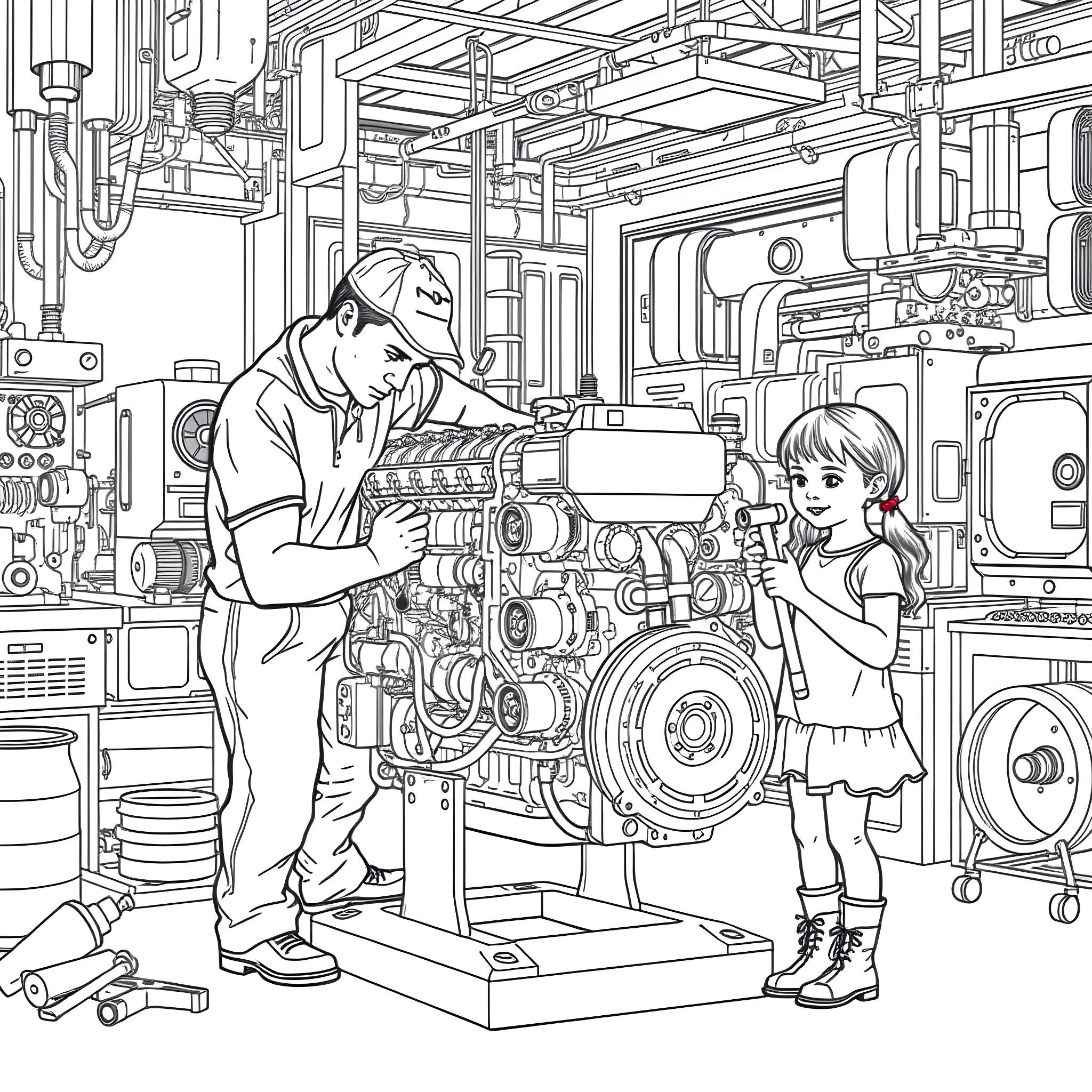 Mechanic Explaining Auto Parts to Young Girl Coloring Page (free black-and-white line drawing printable PDF for all, from beginners to advanced learners, including children, teens, adults, and seniors)