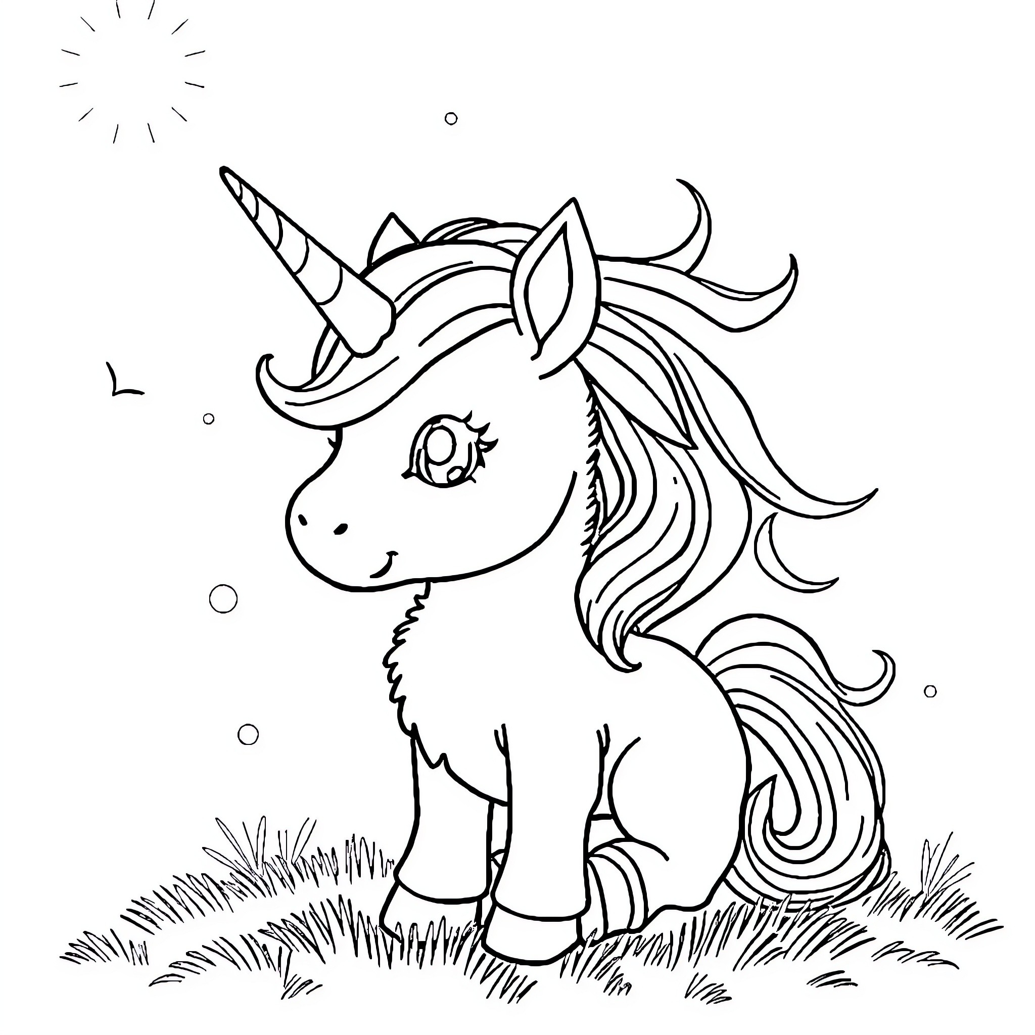 Unicorn resting peacefully in the meadow Coloring Page (free black-and-white line drawing printable PDF for all, from beginners to advanced learners, including children, teens, adults, and seniors)