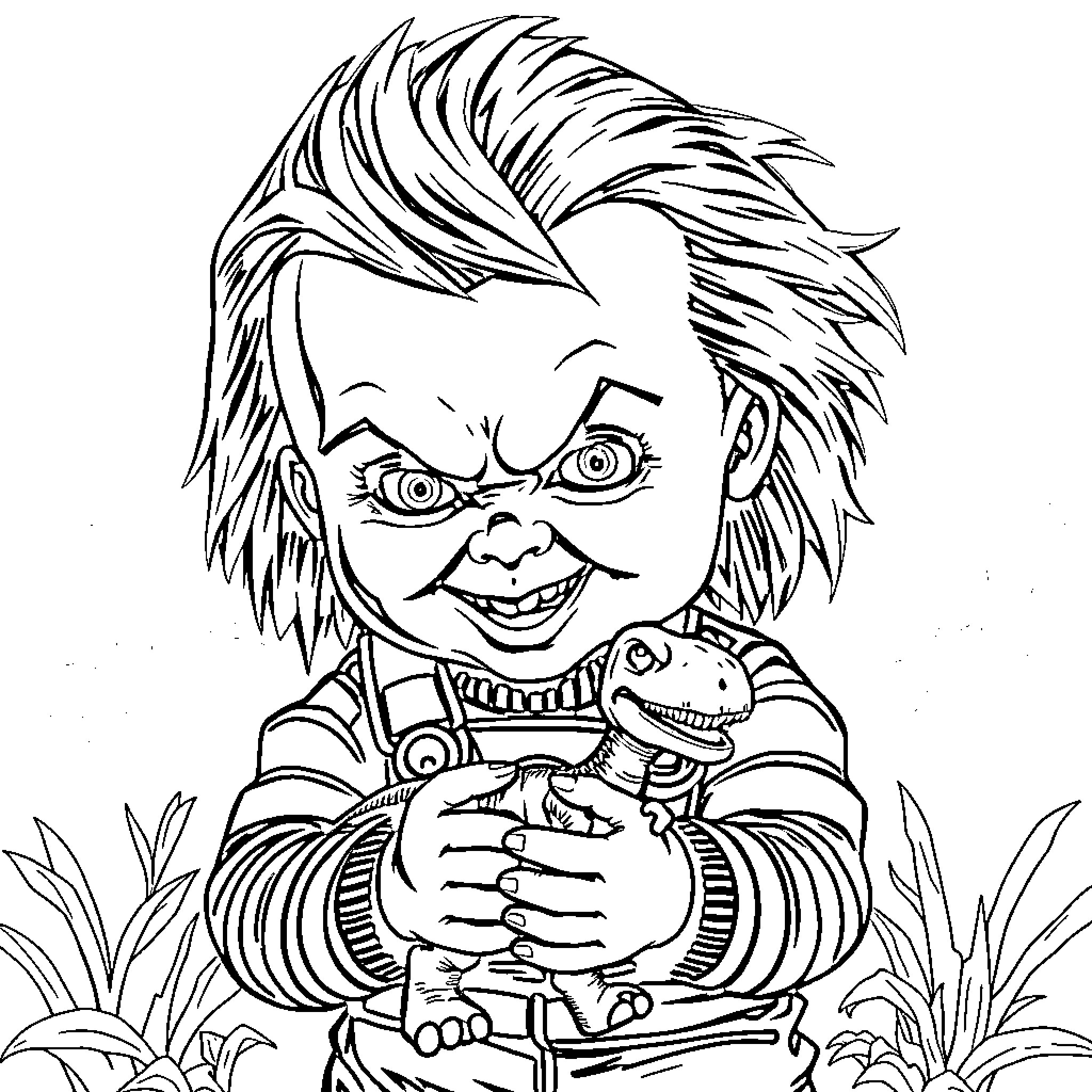 Chucky's Mischievous Adventure with Reptilian Friend Coloring Page (free black-and-white line drawing printable PDF for all, from beginners to advanced learners, including children, teens, adults, and seniors)