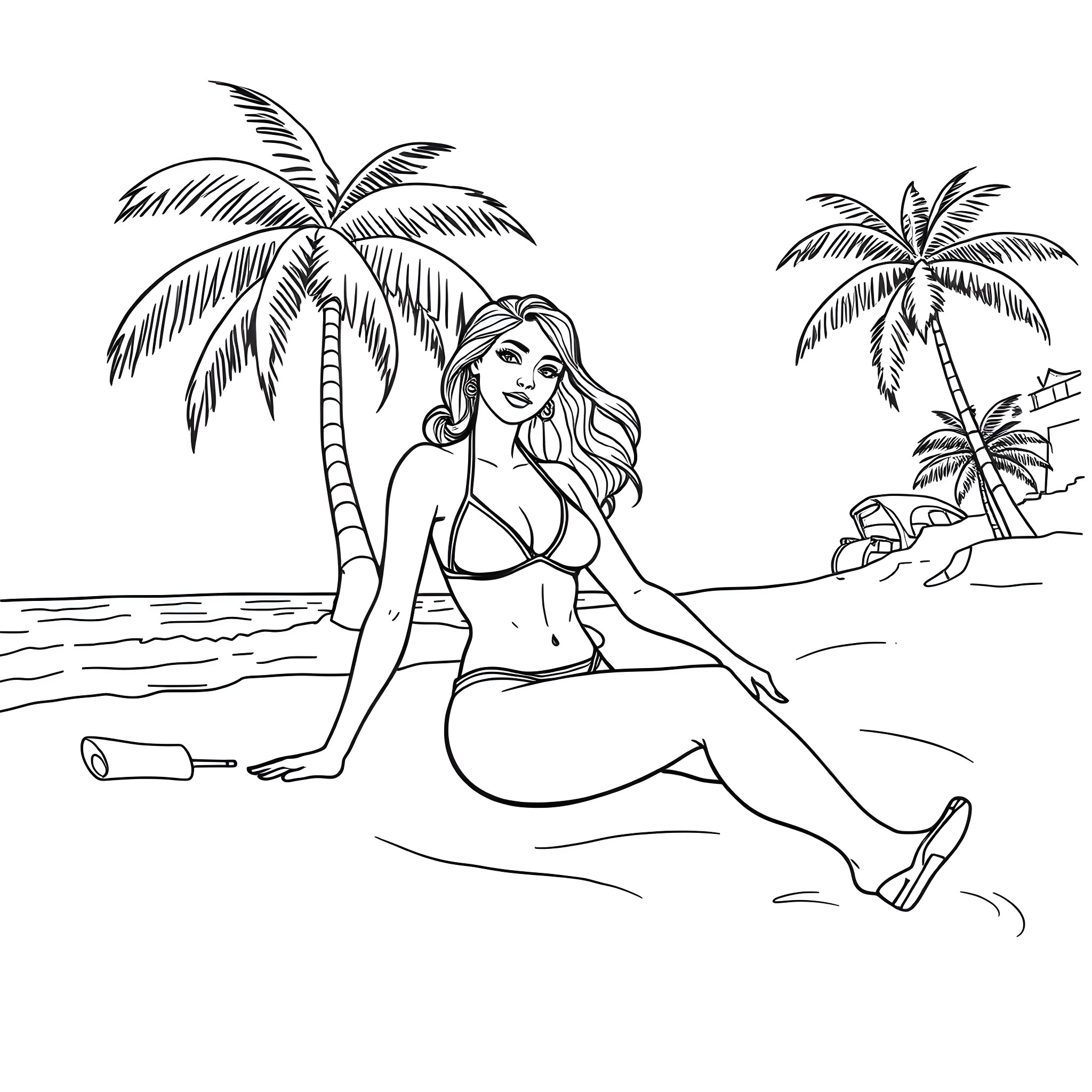Lady enjoying the beach under palm trees Coloring Page (free black-and-white line drawing printable PDF for all, from beginners to advanced learners, including children, teens, adults, and seniors)