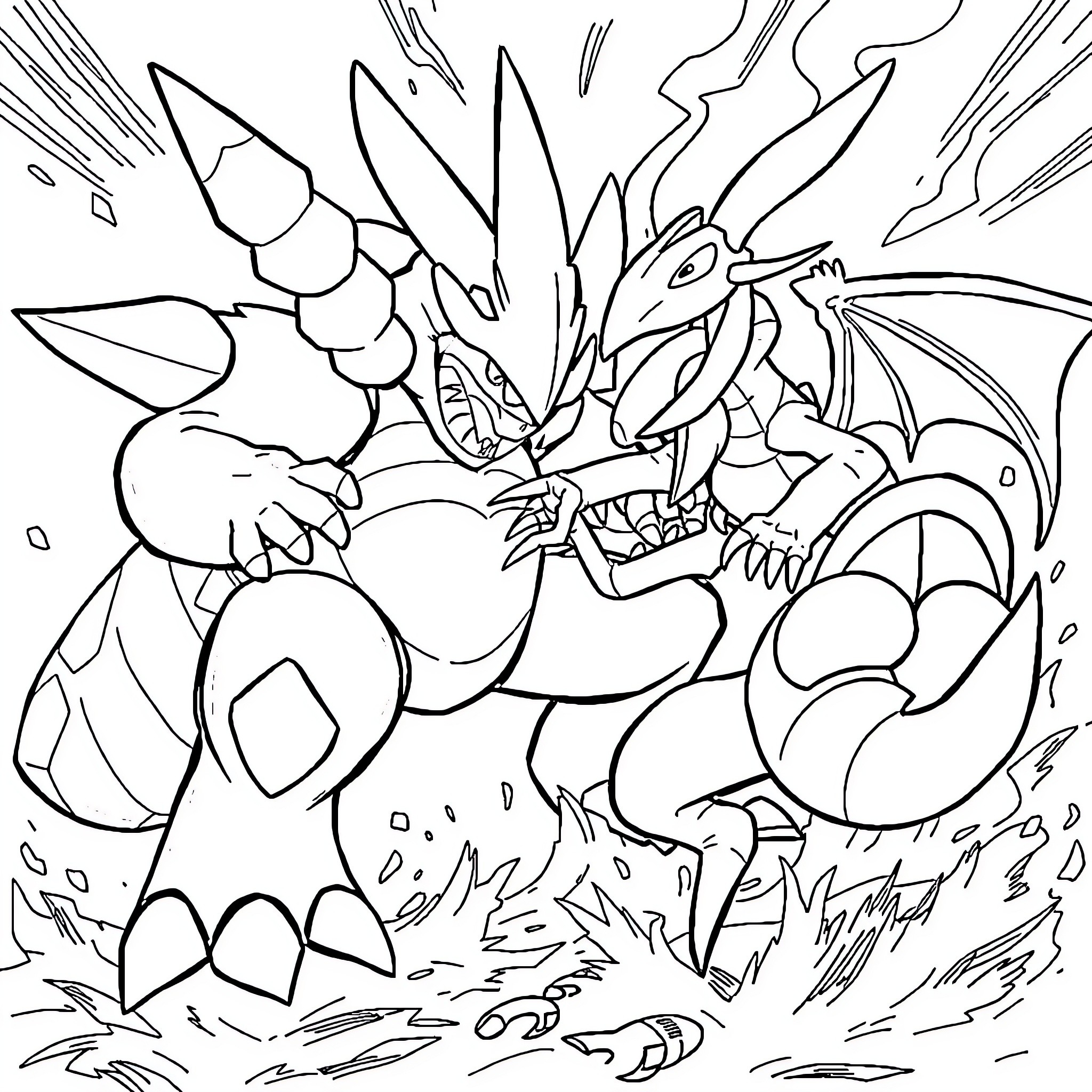Nidoking battling ferociously against a powerful opponent Coloring Page (free black-and-white line drawing printable PDF for all, from beginners to advanced learners, including children, teens, adults, and seniors)