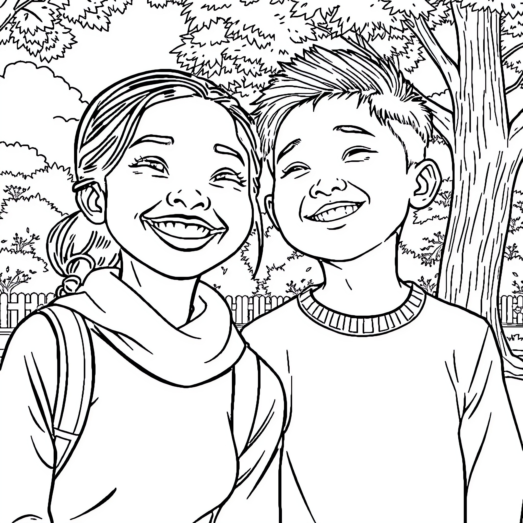 Girl and Boy Sharing a Joyful Moment Outdoors Coloring Page (free black-and-white line drawing printable PDF for all, from beginners to advanced learners, including children, teens, adults, and seniors)