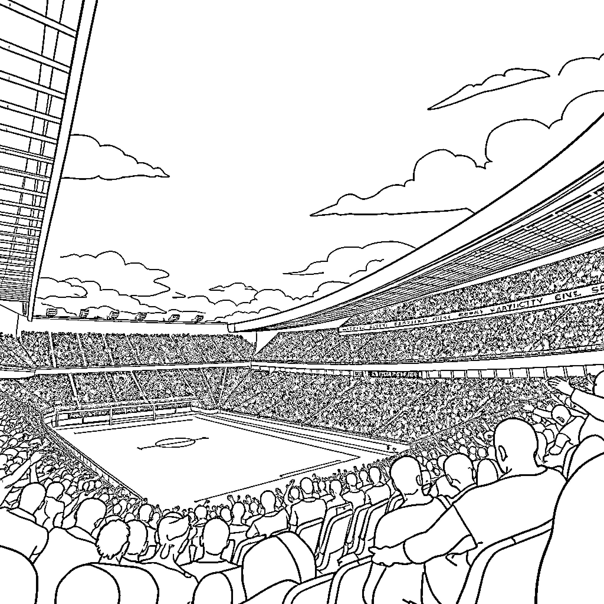 Stadium with Energetic Crowd Watching the Game Coloring Page (free black-and-white line drawing printable PDF for all, from beginners to advanced learners, including children, teens, adults, and seniors)