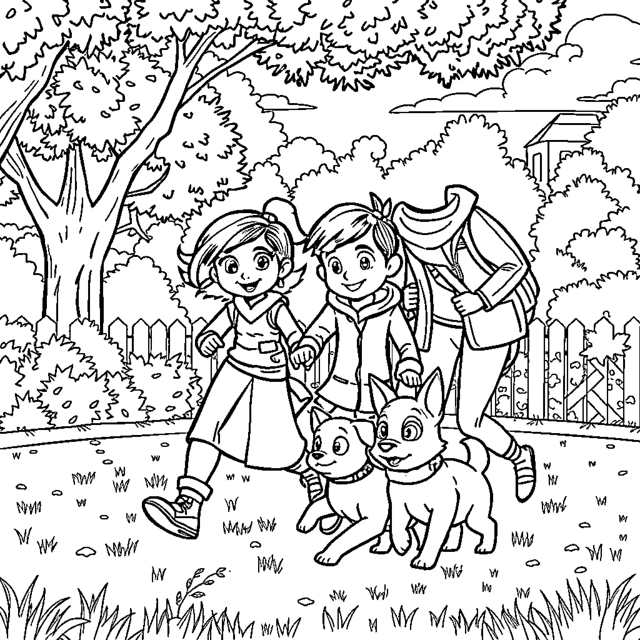 Ania and her friends explore the lively outdoors Coloring Page (free black-and-white line drawing printable PDF for all, from beginners to advanced learners, including children, teens, adults, and seniors)