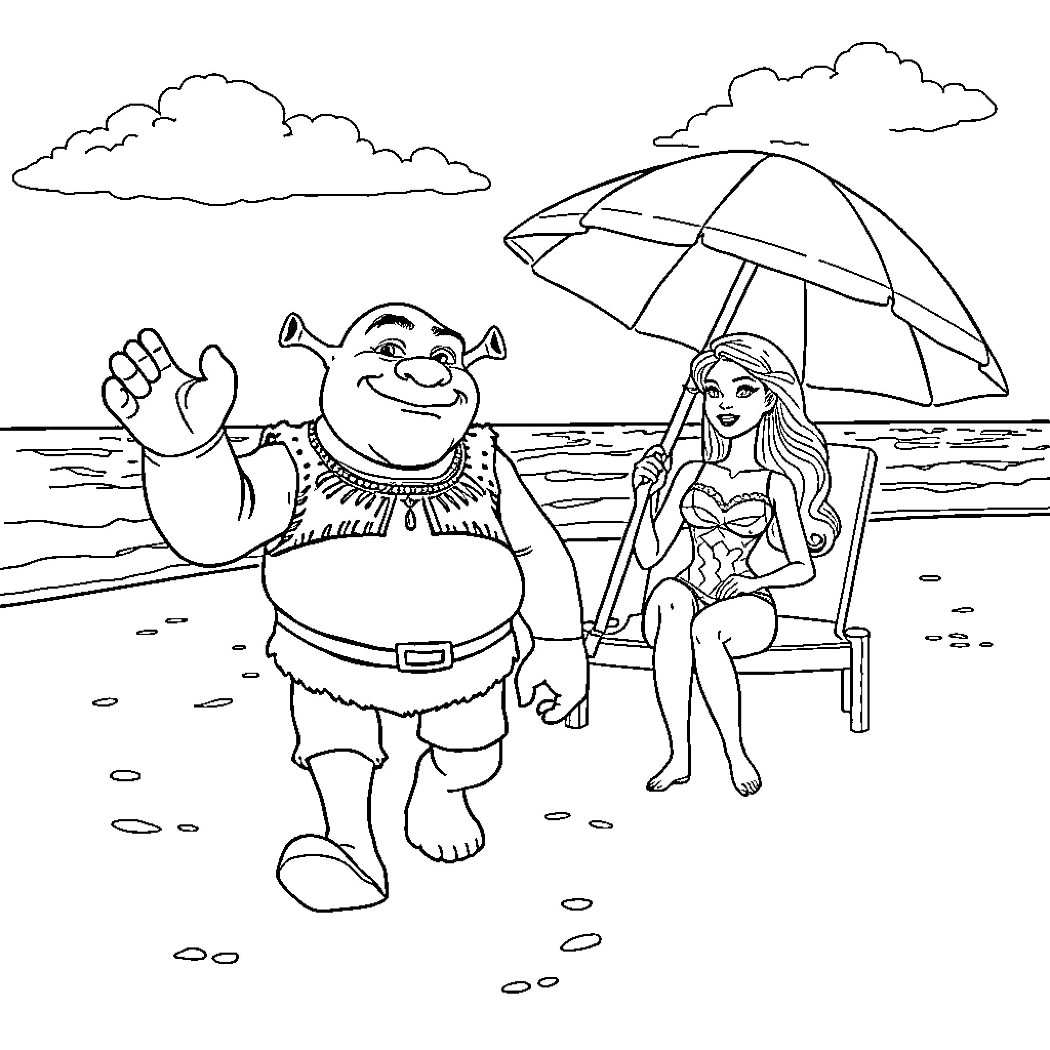 Shrek and Fiona enjoying the beach Coloring Page (free black-and-white line drawing printable PDF for all, from beginners to advanced learners, including children, teens, adults, and seniors)