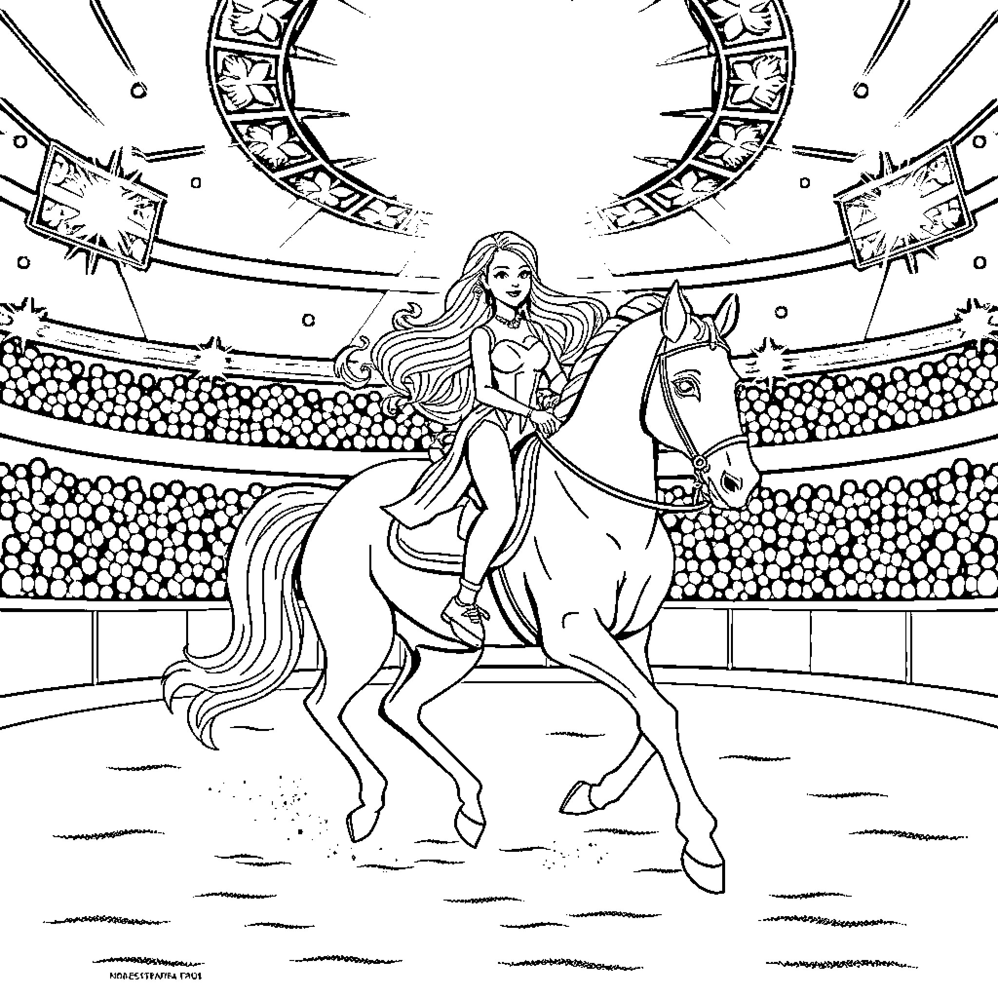 Barbie on a Graceful Horseback Ride in the Circus Coloring Page (free black-and-white line drawing printable PDF for all, from beginners to advanced learners, including children, teens, adults, and seniors)