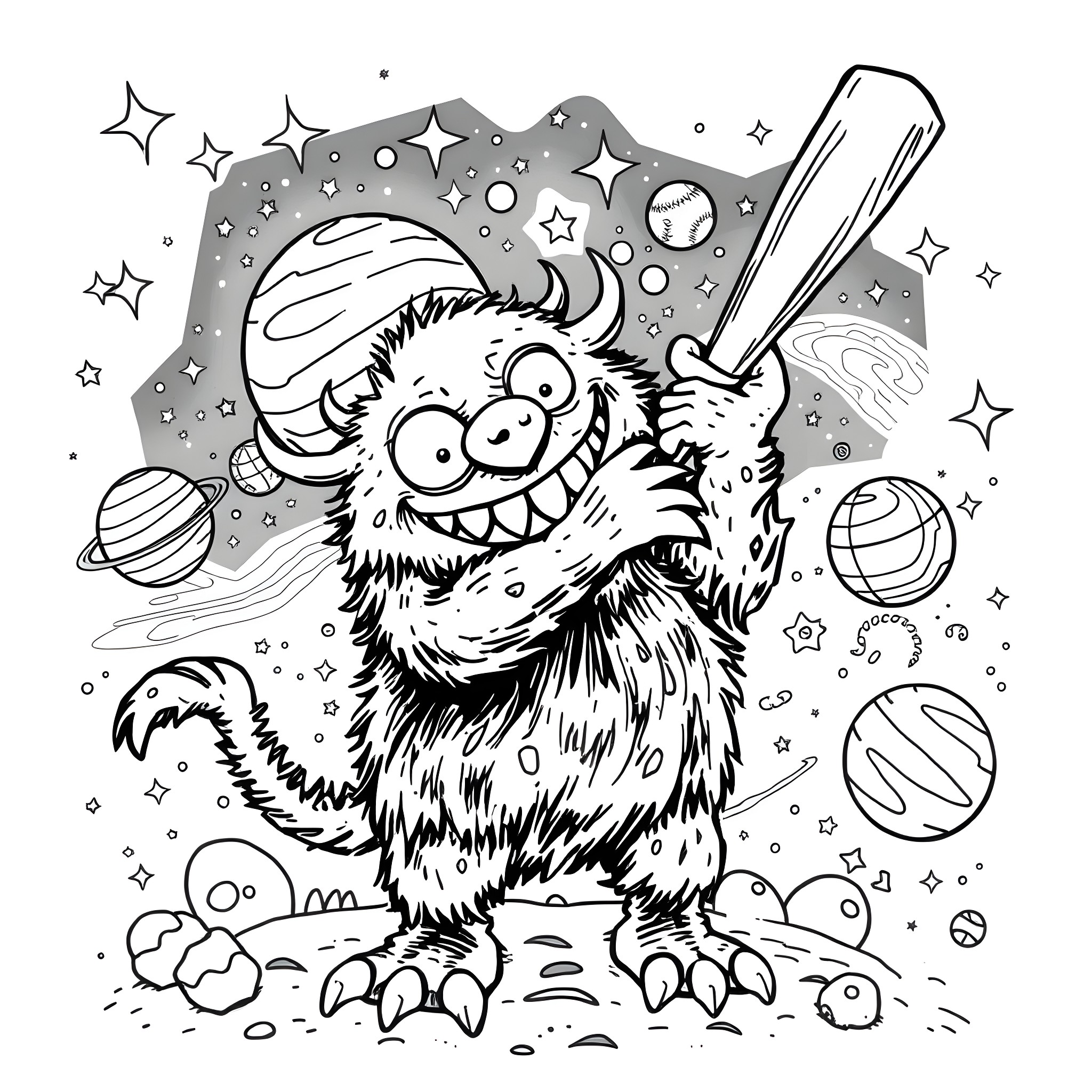 Monster playing joyfully in the cosmos Coloring Page (free black-and-white line drawing printable PDF for all, from beginners to advanced learners, including children, teens, adults, and seniors)