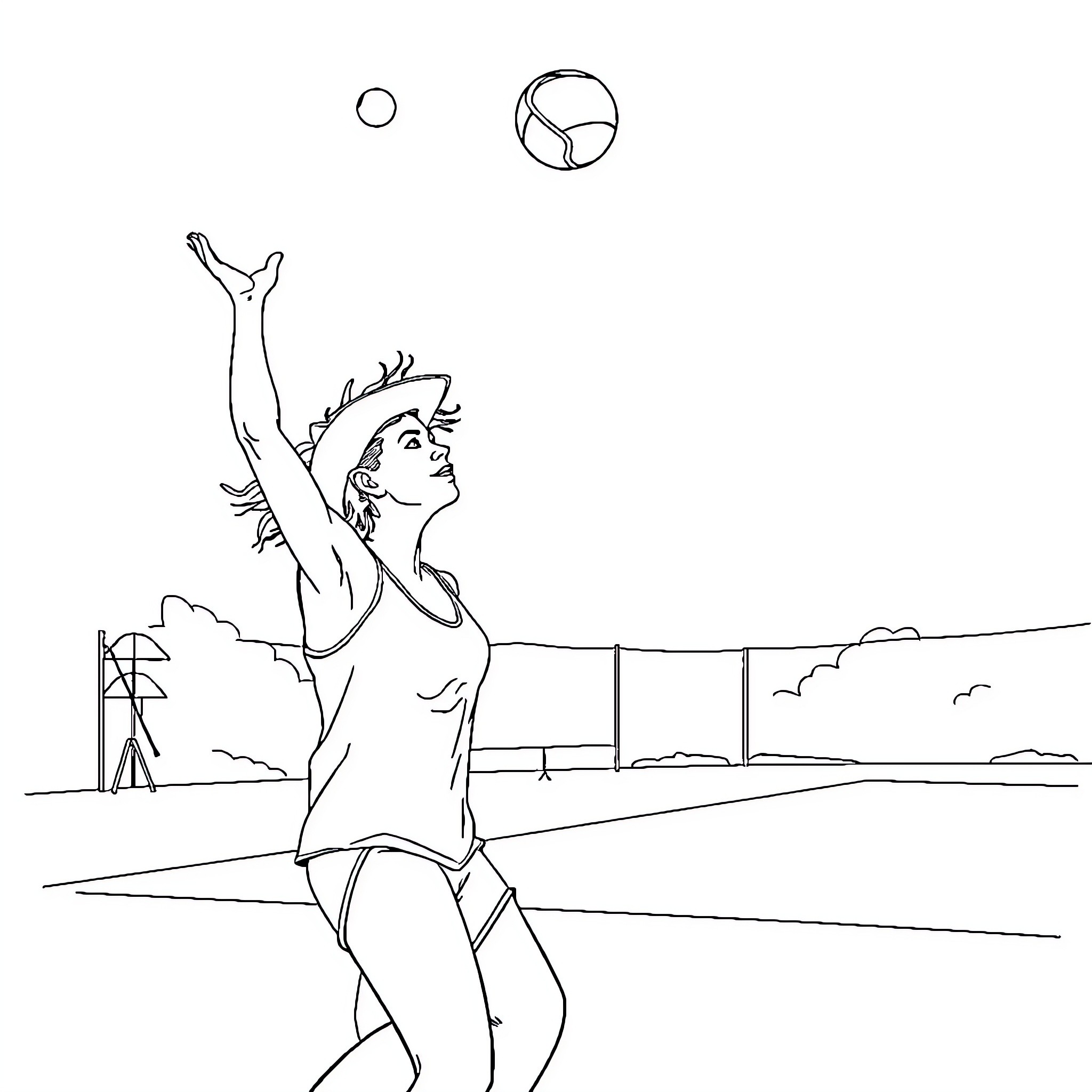 Person playing volleyball outdoors on the beach Coloring Page (free black-and-white line drawing printable PDF for all, from beginners to advanced learners, including children, teens, adults, and seniors)