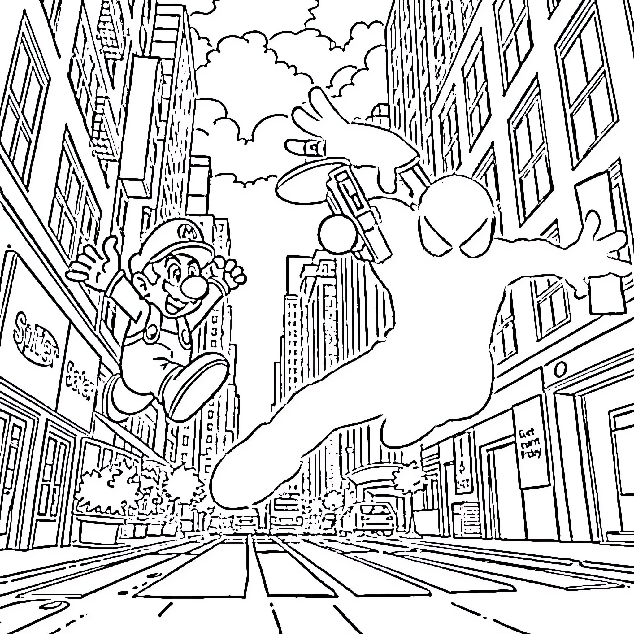 Mario's Exciting Adventures in the City Coloring Page (free black-and-white line drawing printable PDF for all, from beginners to advanced learners, including children, teens, adults, and seniors)