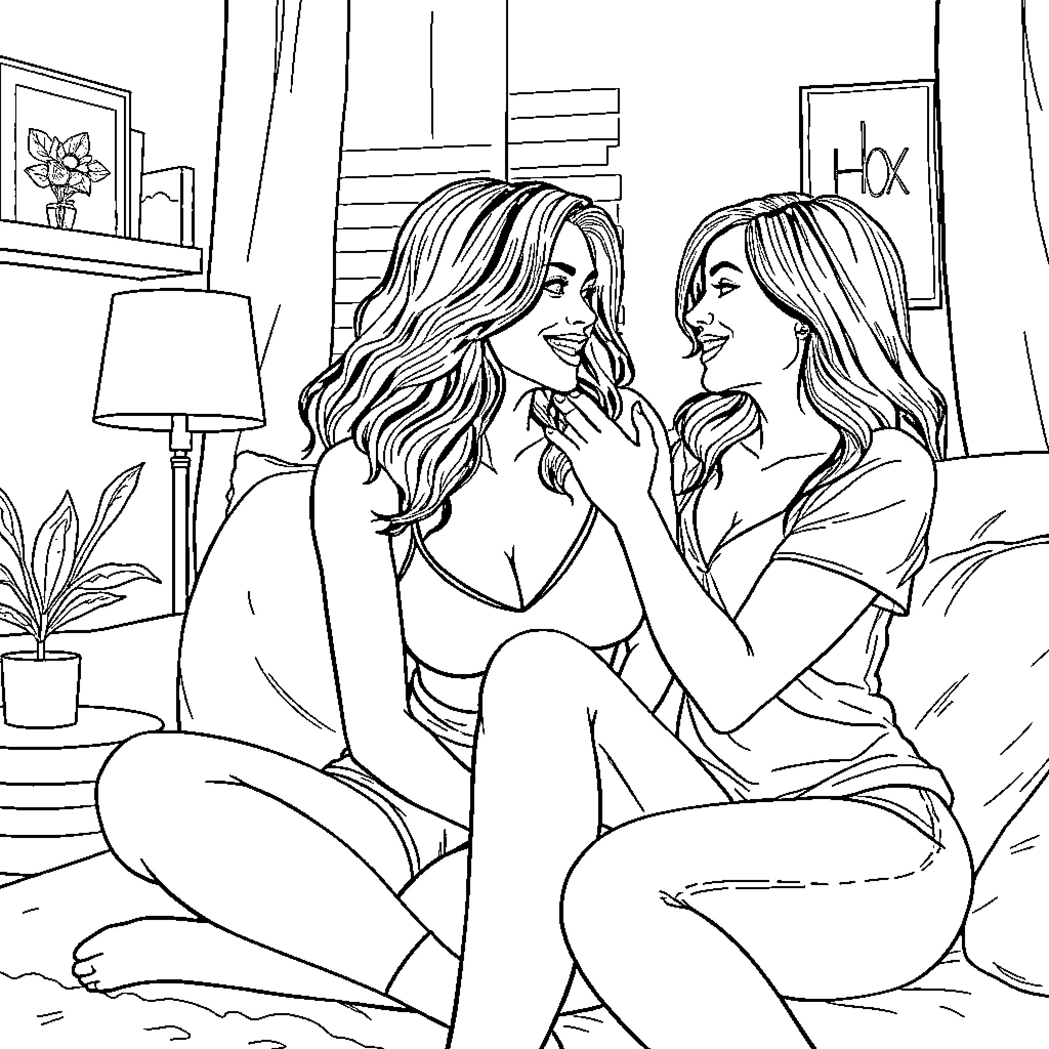 Megan Fox and friend enjoying casual conversation Coloring Page (free black-and-white line drawing printable PDF for all, from beginners to advanced learners, including children, teens, adults, and seniors)