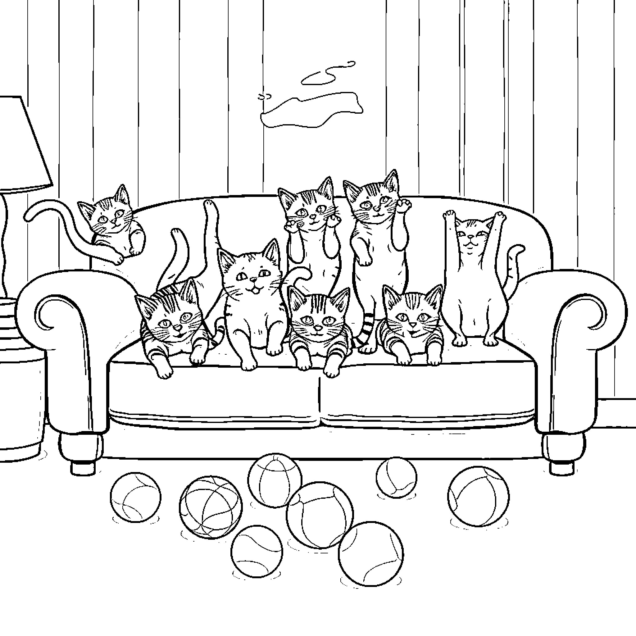 Cats playing on a couch Coloring Page (free black-and-white line drawing printable PDF for all, from beginners to advanced learners, including children, teens, adults, and seniors)