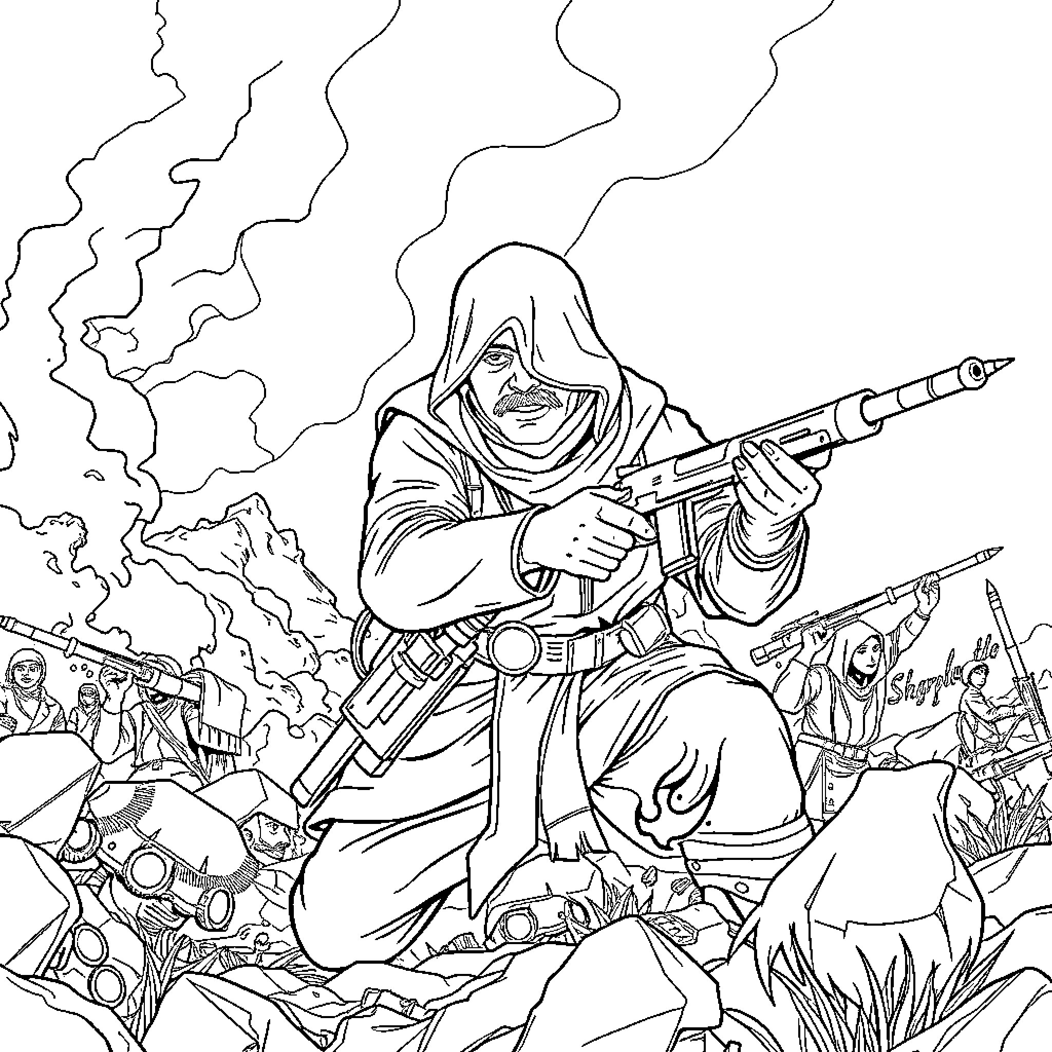 Adem Jashari's Last Stand: Defiant Warrior in Battle Coloring Page (free black-and-white line drawing printable PDF for all, from beginners to advanced learners, including children, teens, adults, and seniors)