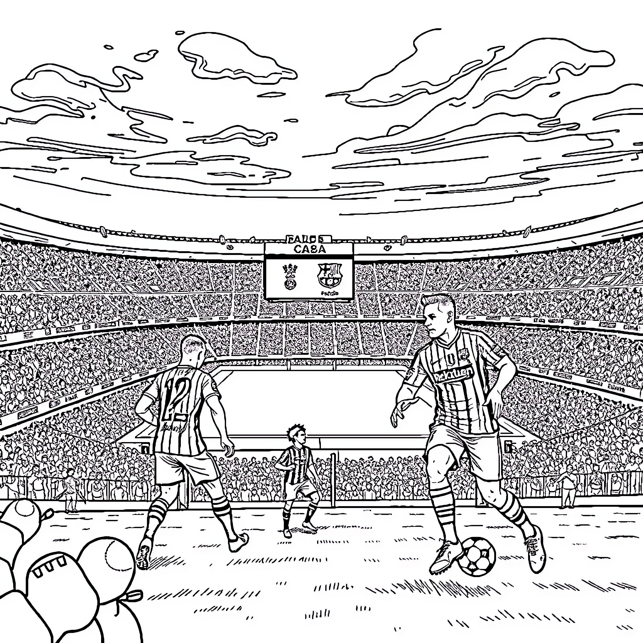 Barca players competing on the football pitch Coloring Page (free black-and-white line drawing printable PDF for all, from beginners to advanced learners, including children, teens, adults, and seniors)
