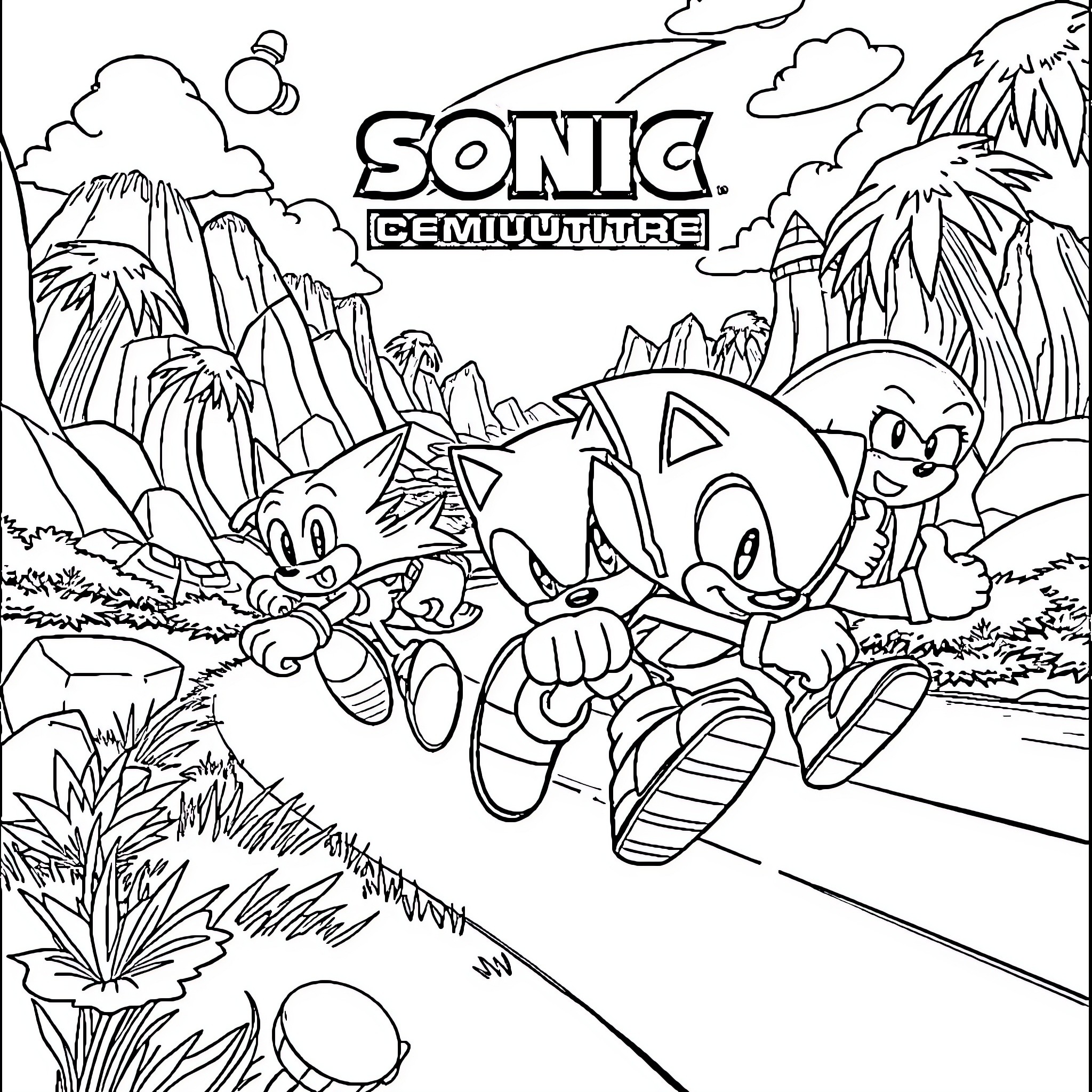 Sonic characters playing and adventuring in the wilderness Coloring Page (free black-and-white line drawing printable PDF for all, from beginners to advanced learners, including children, teens, adults, and seniors)