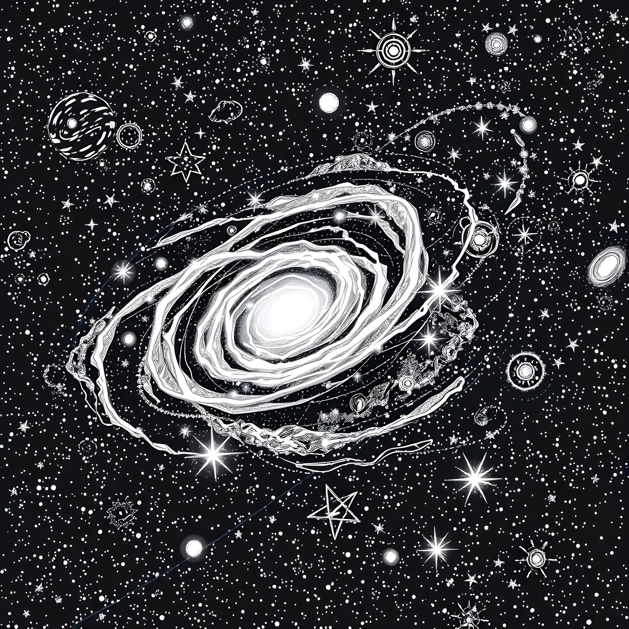 Galaxy swirling with cosmic wonders Coloring Page (free black-and-white line drawing printable PDF for all, from beginners to advanced learners, including children, teens, adults, and seniors)