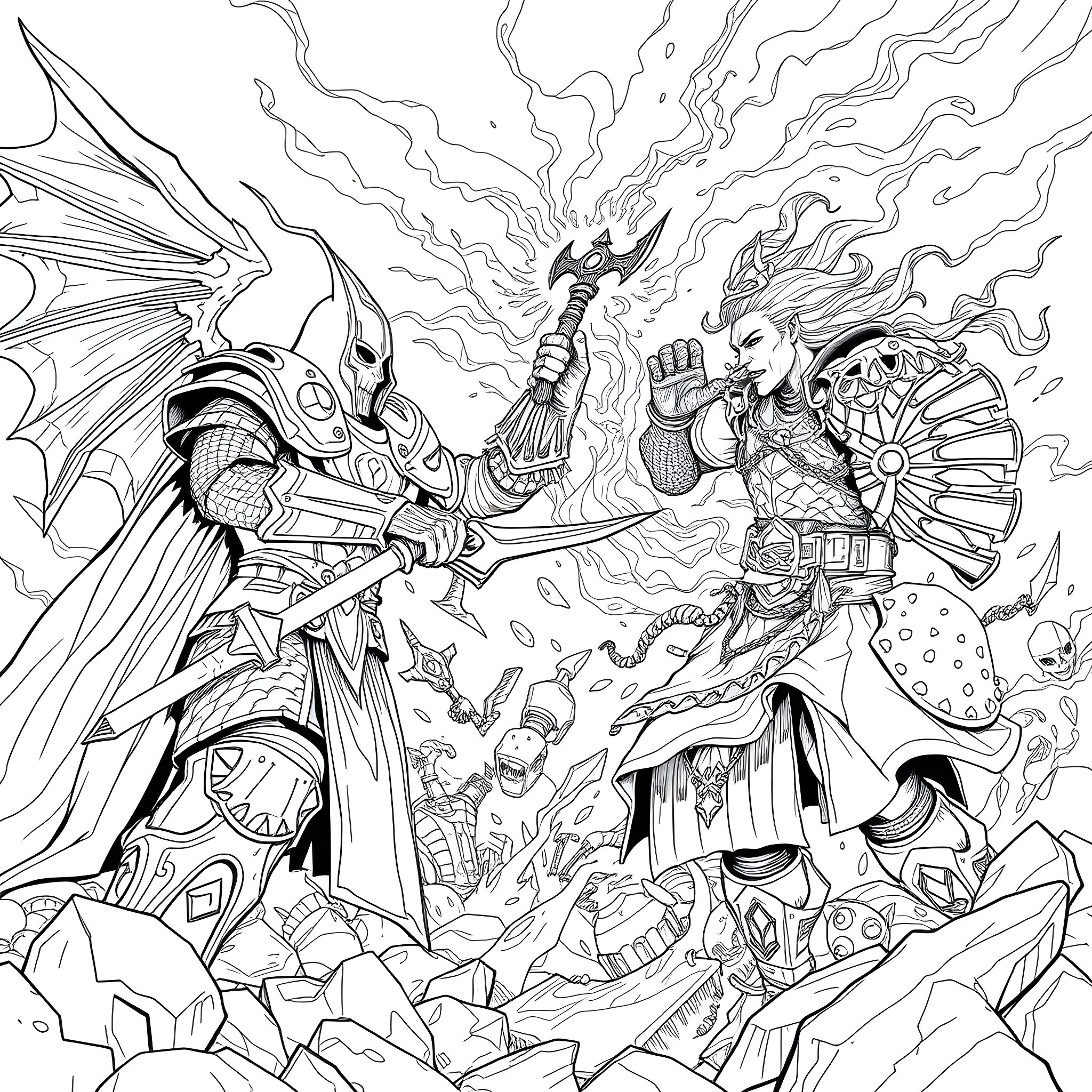 Death Knight's Clash of Valor Coloring Page (free black-and-white line drawing printable PDF for all, from beginners to advanced learners, including children, teens, adults, and seniors)