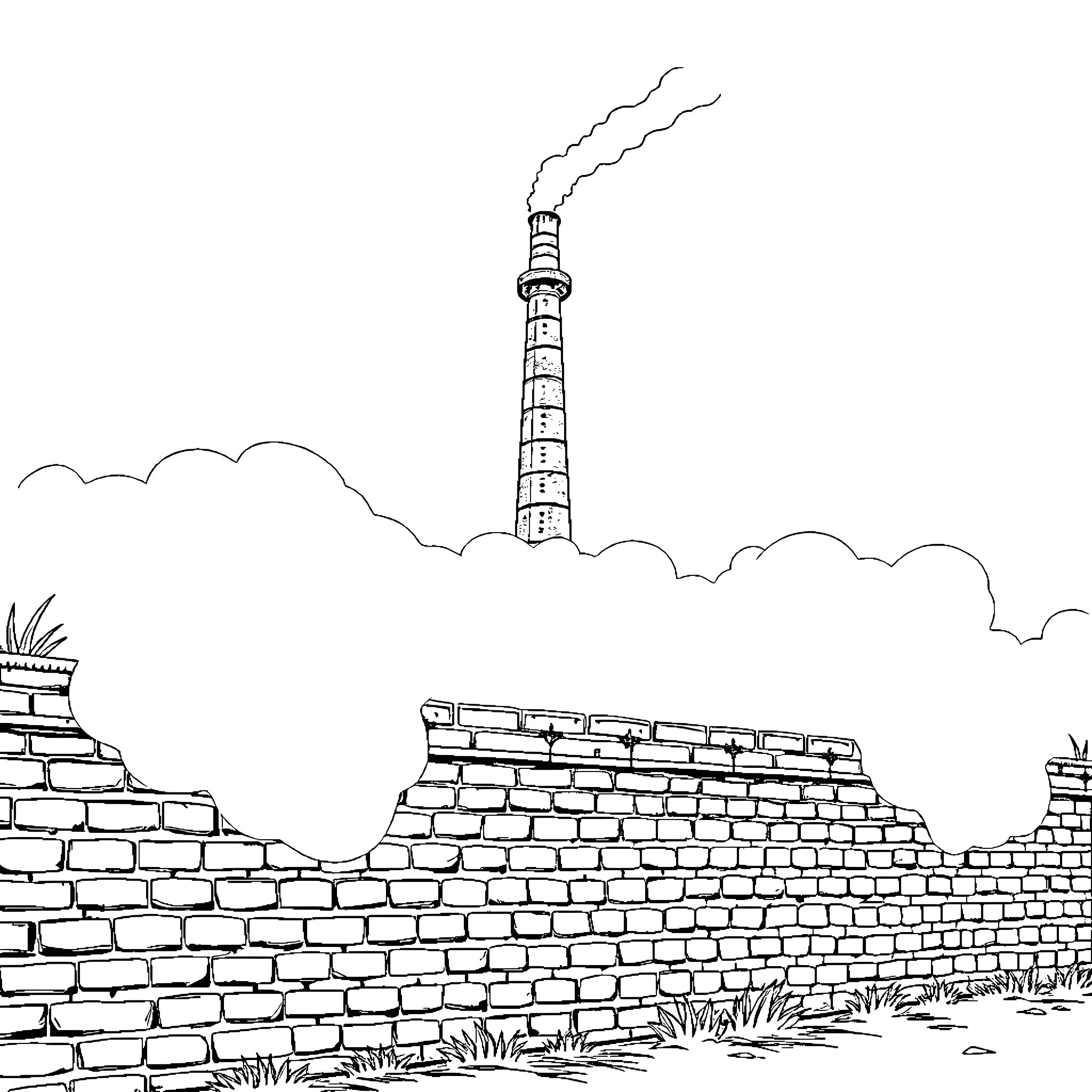 Fog over industrial tower and brick ruins Coloring Page (free black-and-white line drawing printable PDF for all, from beginners to advanced learners, including children, teens, adults, and seniors)