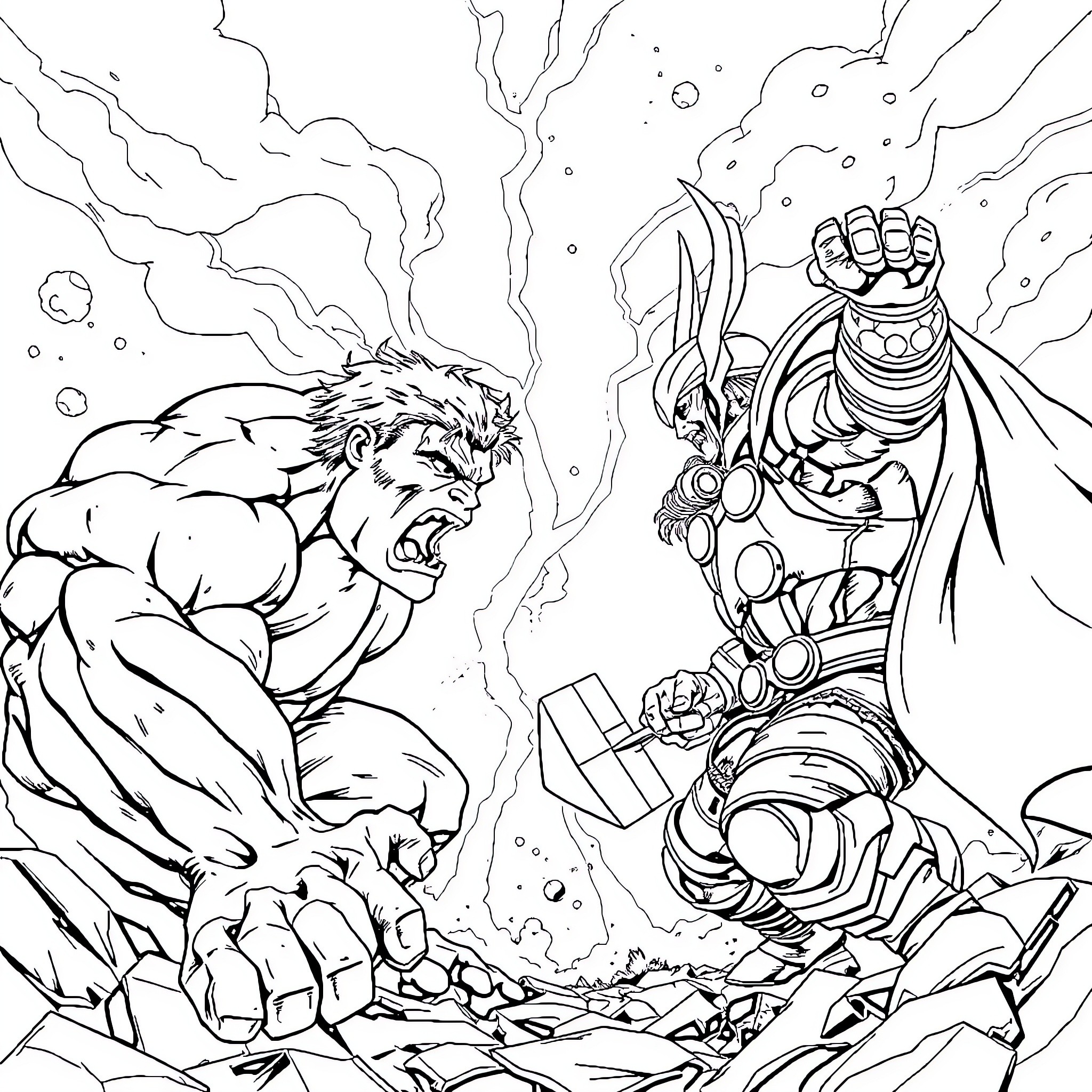 Hulk battling a powerful antagonist Coloring Page (free black-and-white line drawing printable PDF for all, from beginners to advanced learners, including children, teens, adults, and seniors)