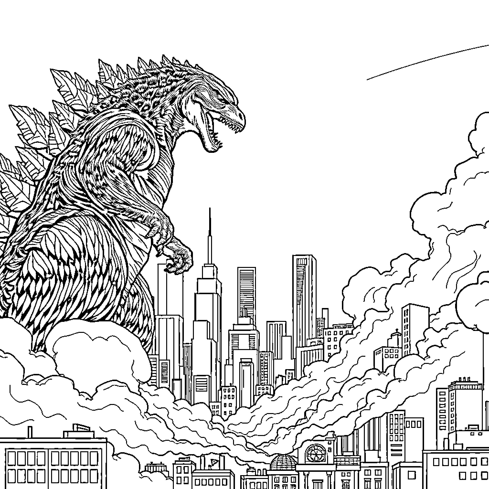 Godzilla rampaging through the city skyline Coloring Page (free black-and-white line drawing printable PDF for all, from beginners to advanced learners, including children, teens, adults, and seniors)