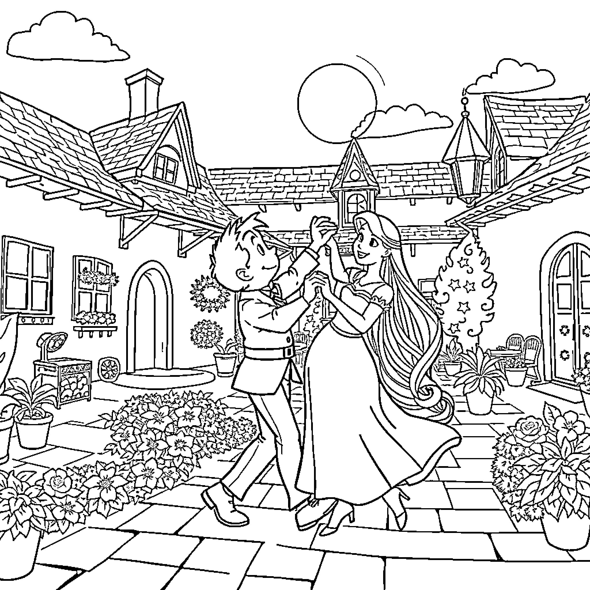 Tintin's Romantic Evening in a Quaint Village Coloring Page (free black-and-white line drawing printable PDF for all, from beginners to advanced learners, including children, teens, adults, and seniors)