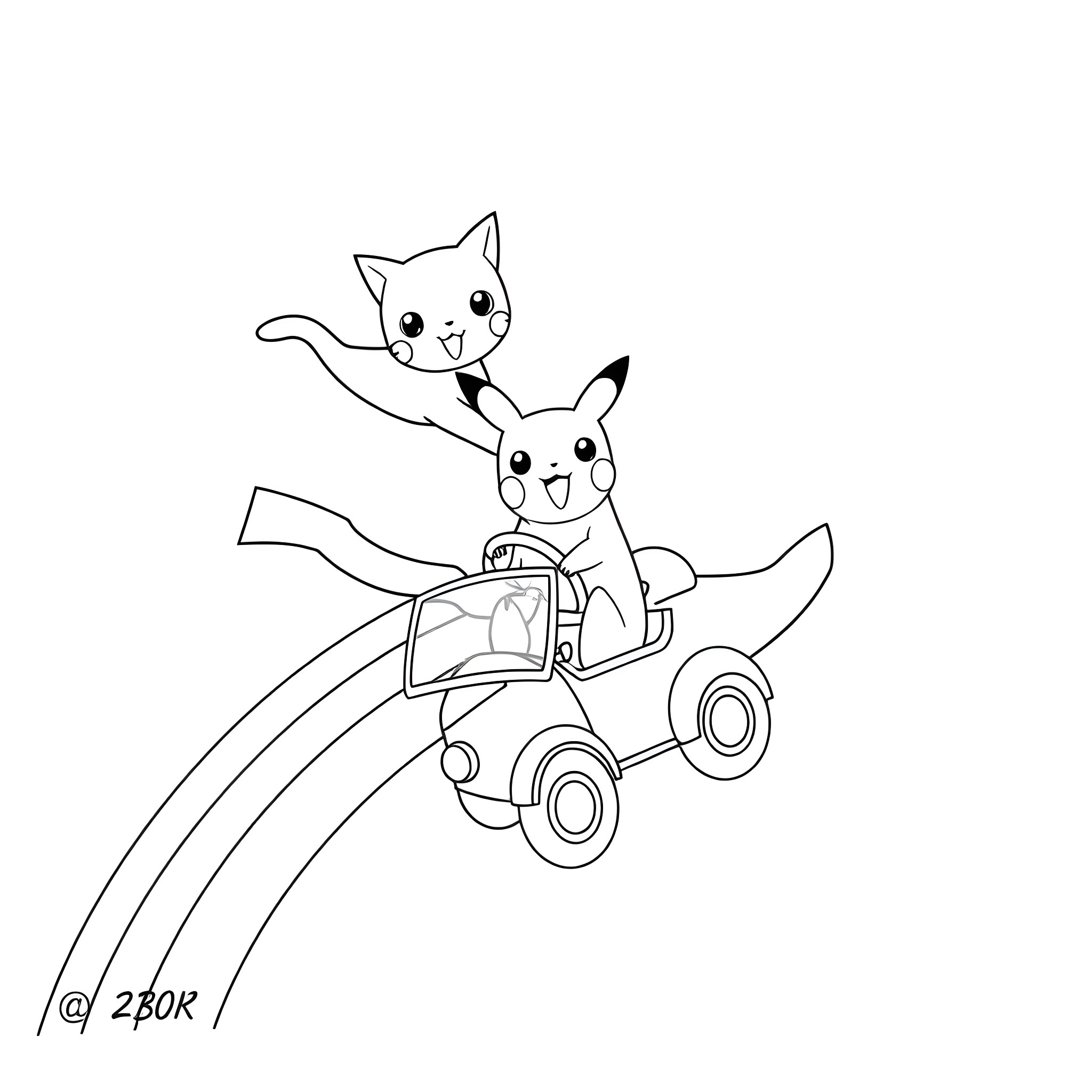 Cats driving a toy car Coloring Page (free black-and-white line drawing printable PDF for all, from beginners to advanced learners, including children, teens, adults, and seniors)