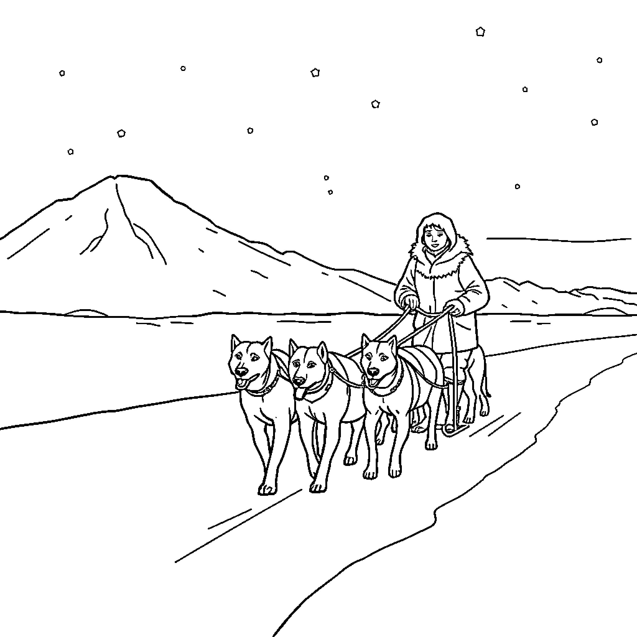 Inuit person dog sledding through snowy landscape Coloring Page (free black-and-white line drawing printable PDF for all, from beginners to advanced learners, including children, teens, adults, and seniors)