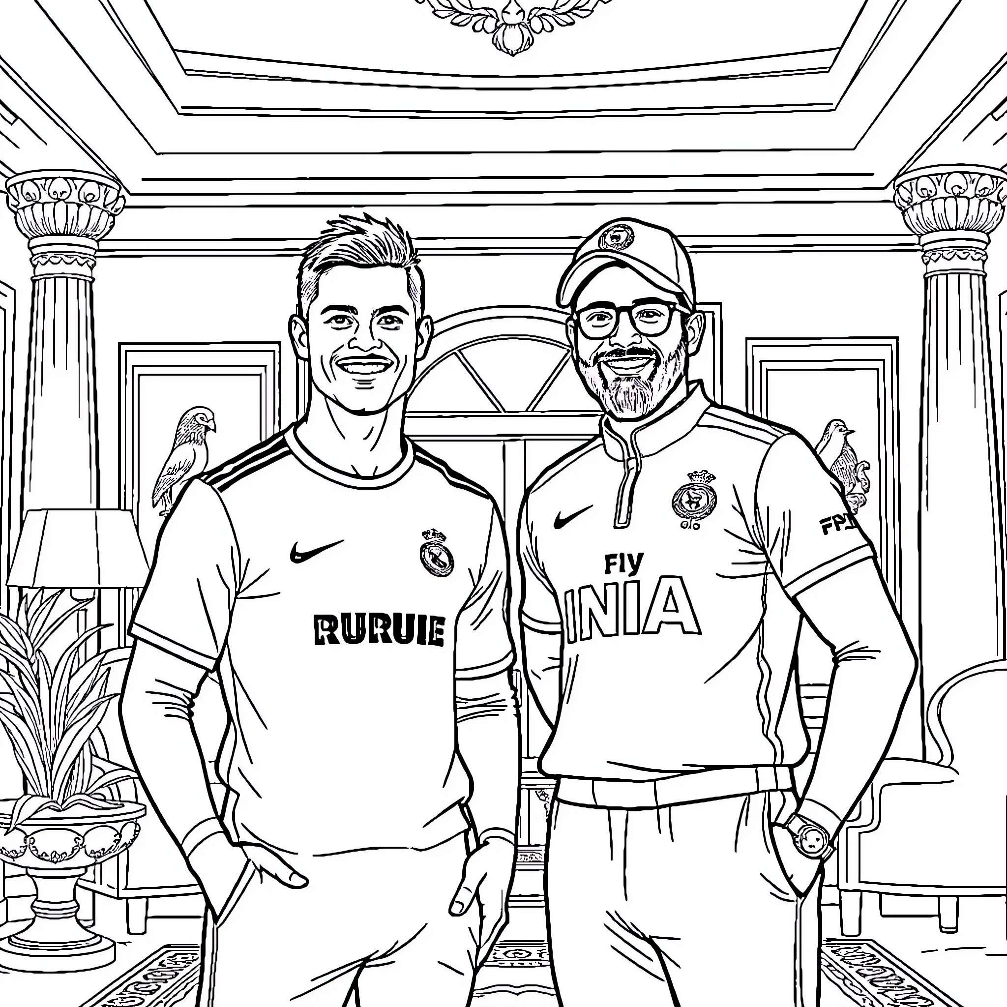 Cristiano Ronaldo and his teammate posing in professional jerseys Coloring Page (free black-and-white line drawing printable PDF for all, from beginners to advanced learners, including children, teens, adults, and seniors)