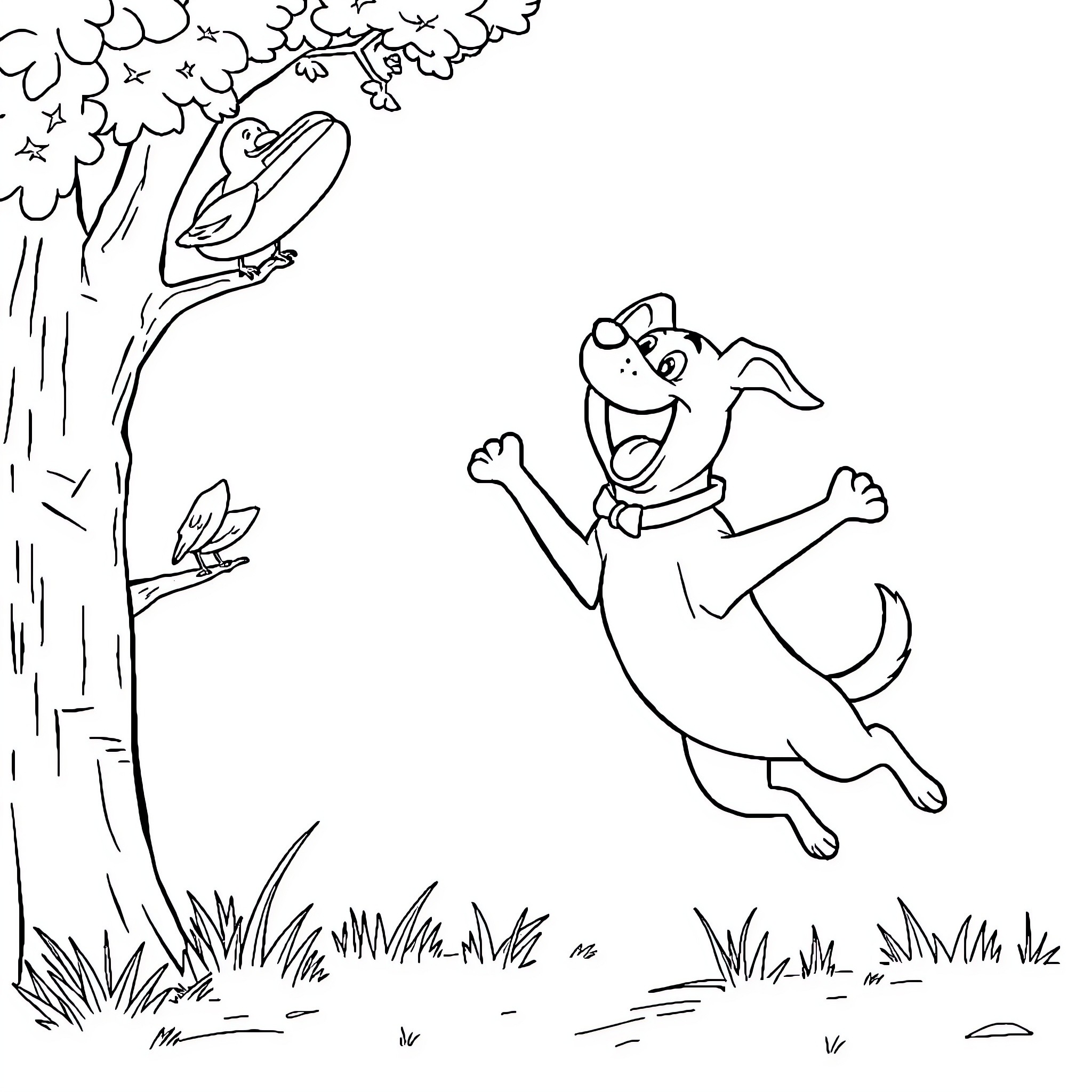 Dog excitedly jumping and playing in the park Coloring Page (free black-and-white line drawing printable PDF for all, from beginners to advanced learners, including children, teens, adults, and seniors)