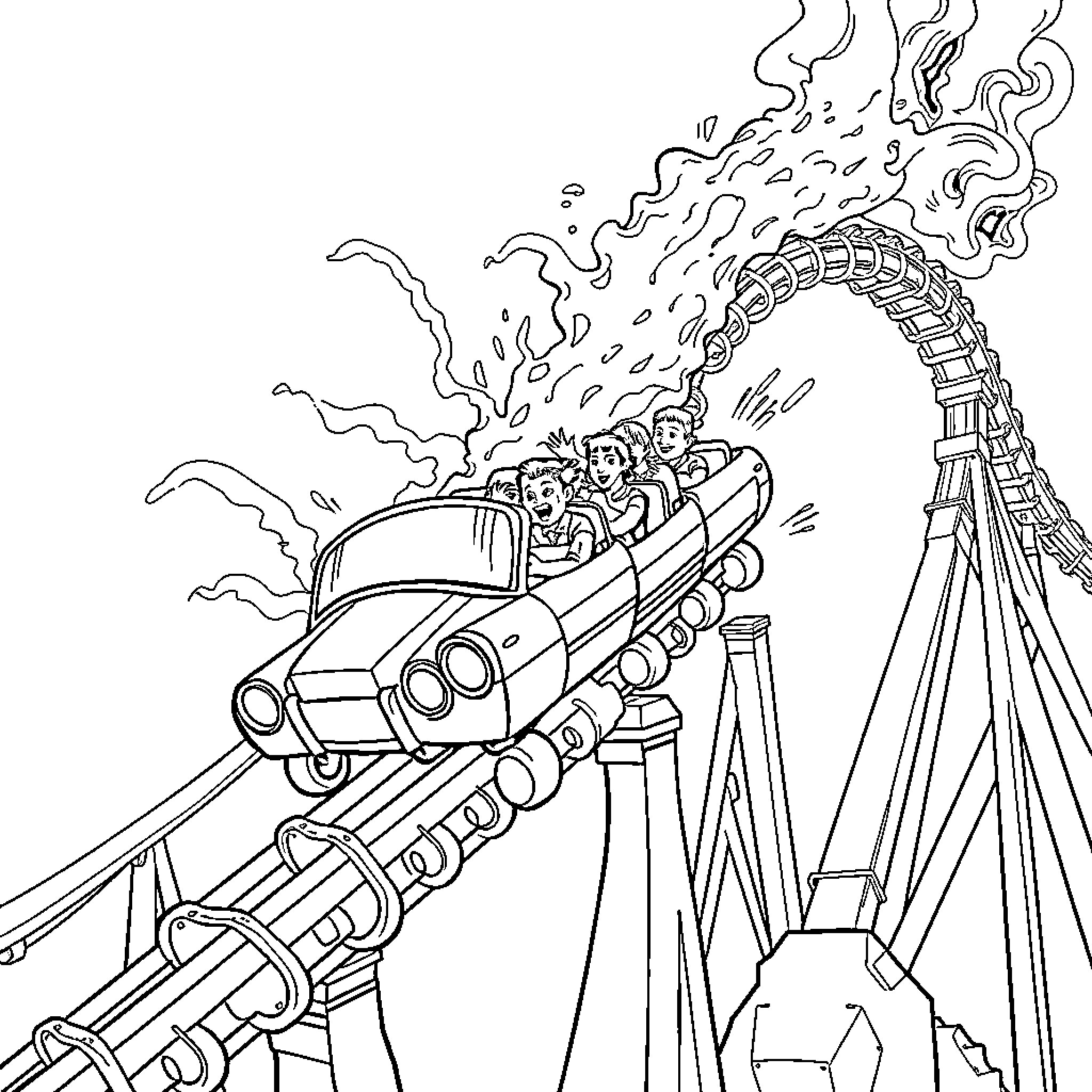 Rollercoaster ride with thrilling maneuvers Coloring Page (free black-and-white line drawing printable PDF for all, from beginners to advanced learners, including children, teens, adults, and seniors)