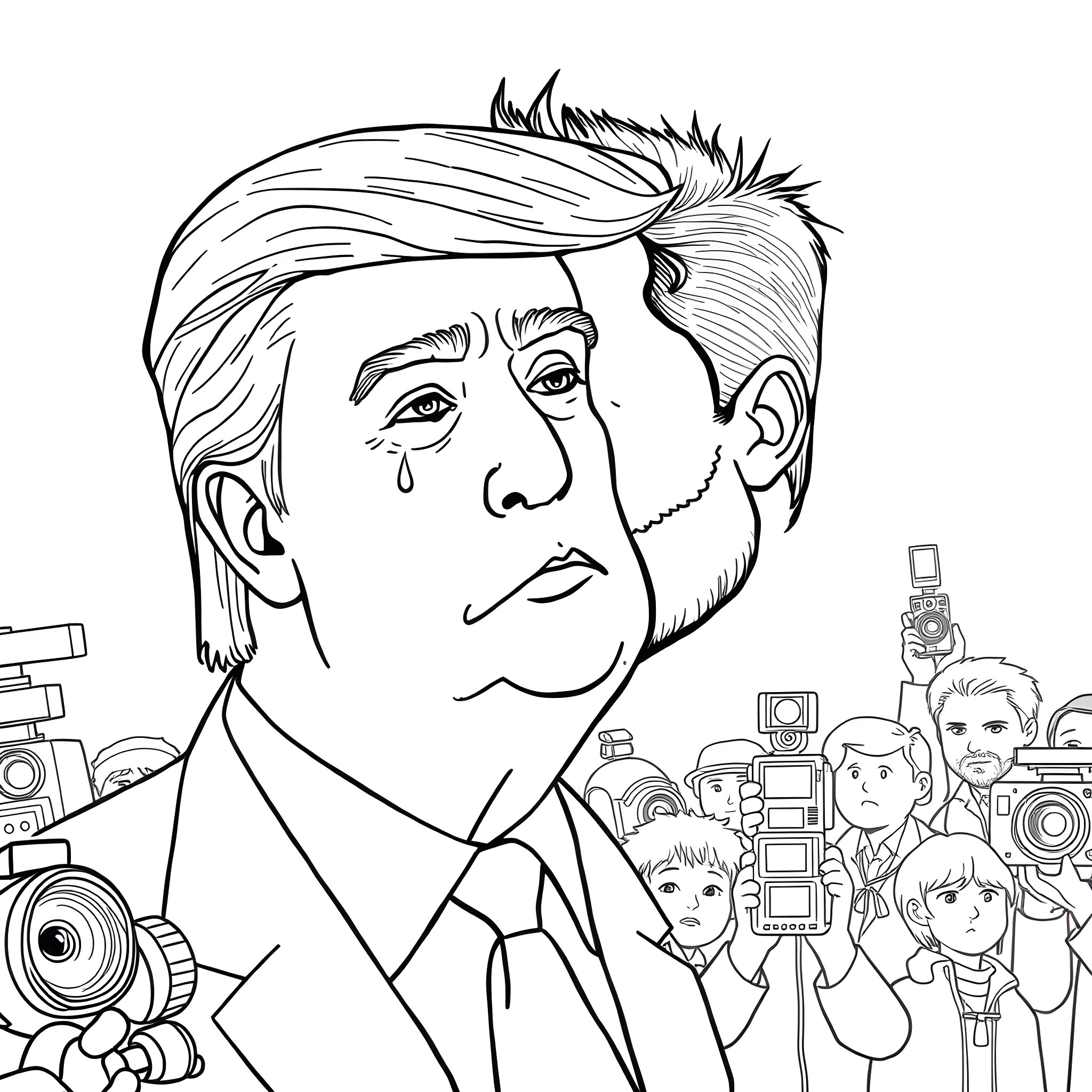 Donald Trump surrounded by media cameras and photographers Coloring Page (free black-and-white line drawing printable PDF for all, from beginners to advanced learners, including children, teens, adults, and seniors)