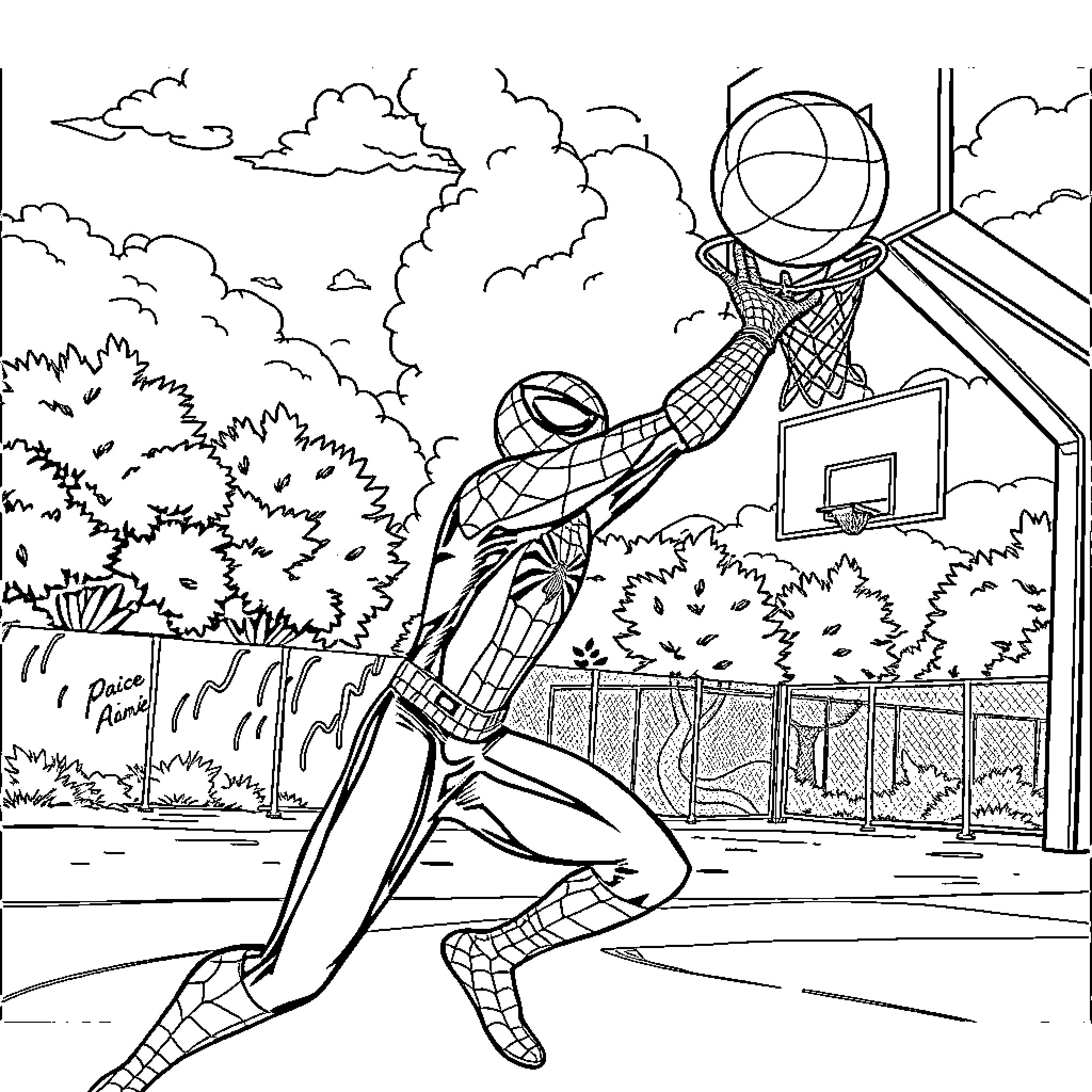 Spiderman playing basketball on the court Coloring Page (free black-and-white line drawing printable PDF for all, from beginners to advanced learners, including children, teens, adults, and seniors)