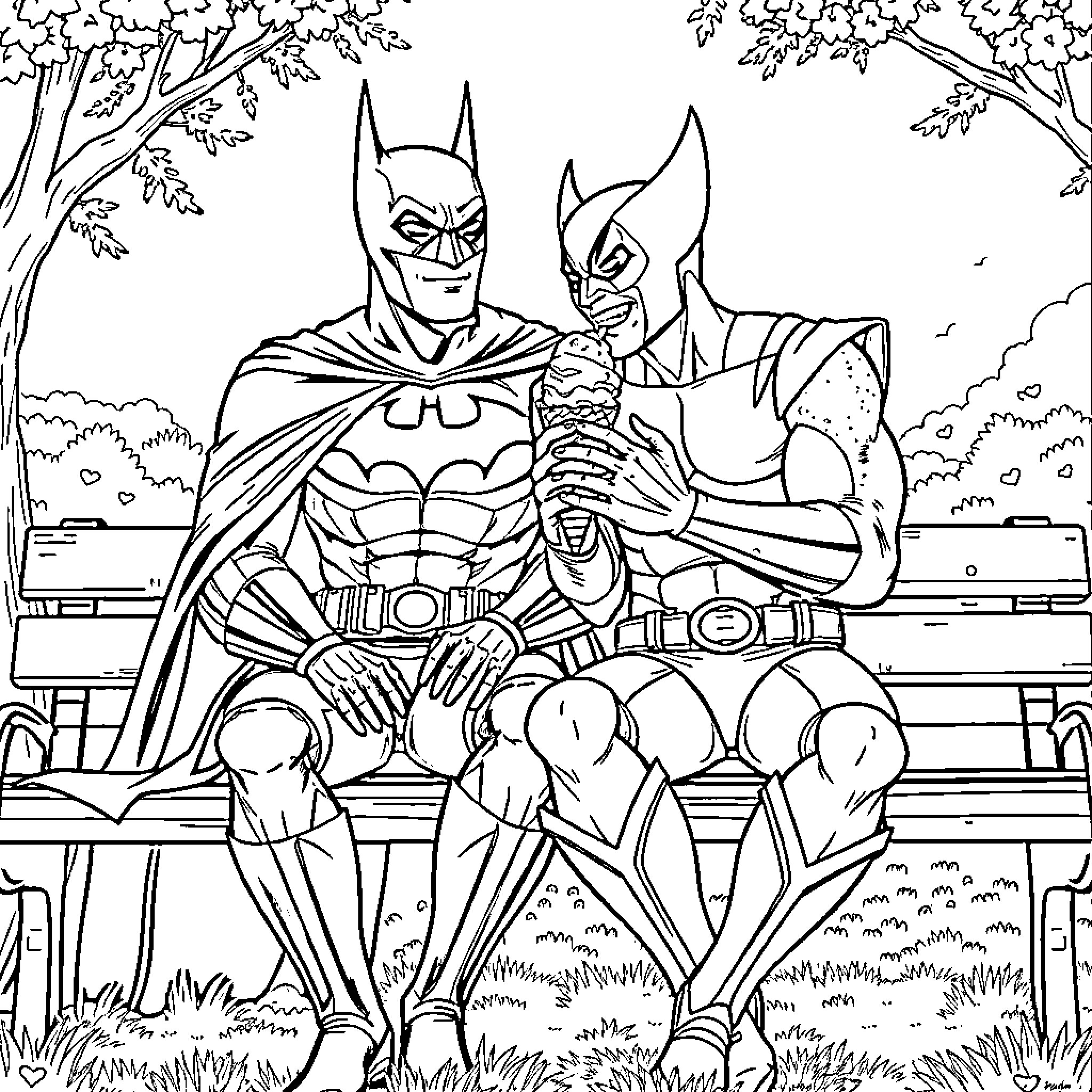 Batman and Superhero Friends Relaxing in Park Coloring Page (free black-and-white line drawing printable PDF for all, from beginners to advanced learners, including children, teens, adults, and seniors)