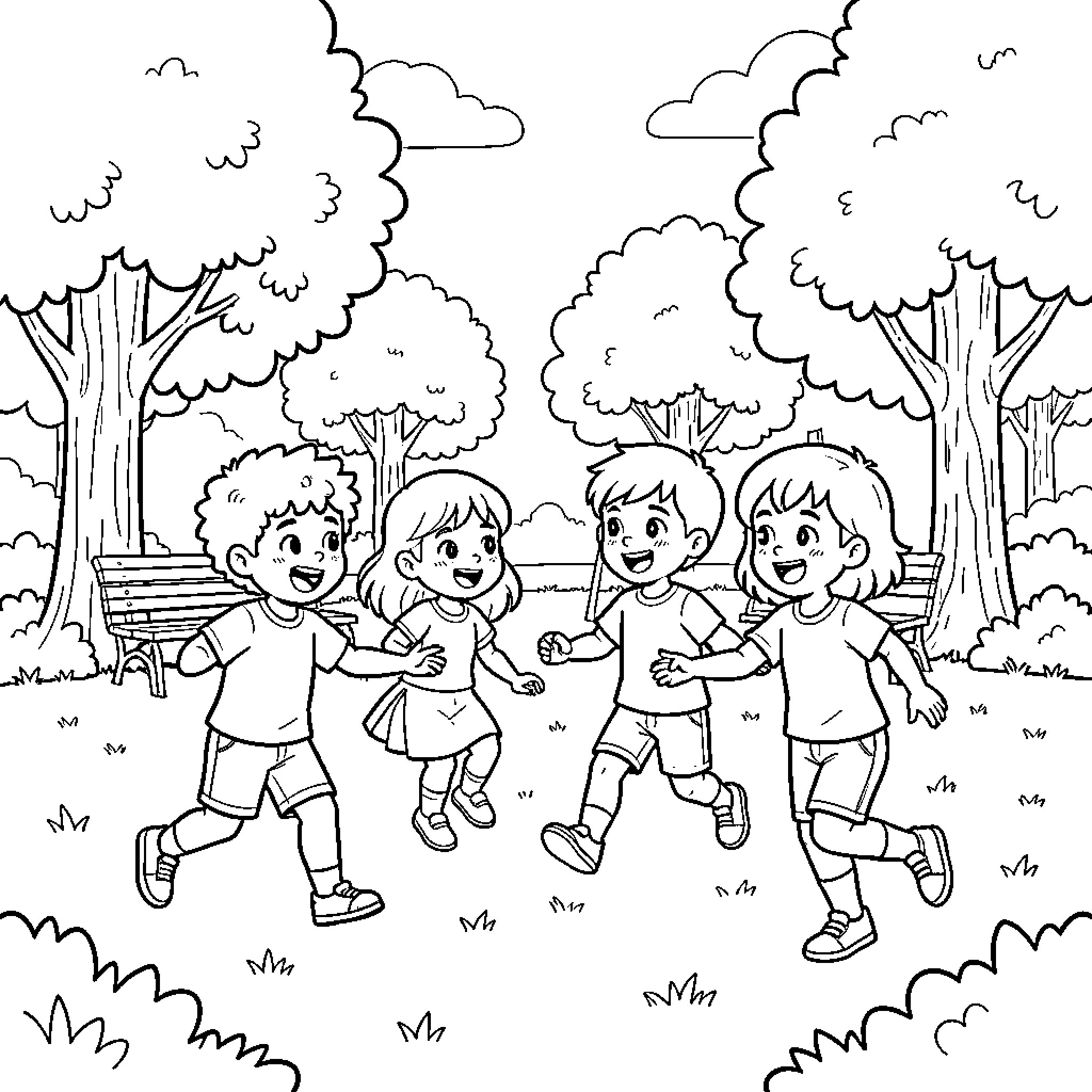Kid friends running and playing in a park Coloring Page (free black-and-white line drawing printable PDF for all, from beginners to advanced learners, including children, teens, adults, and seniors)