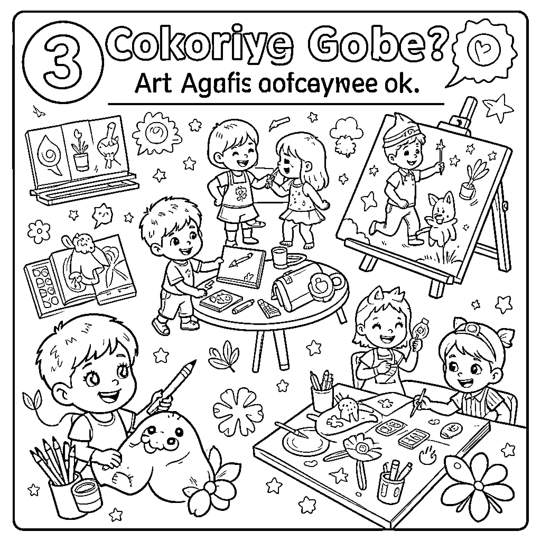 Art of children engaged in various creative activities Coloring Page (free black-and-white line drawing printable PDF for all, from beginners to advanced learners, including children, teens, adults, and seniors)