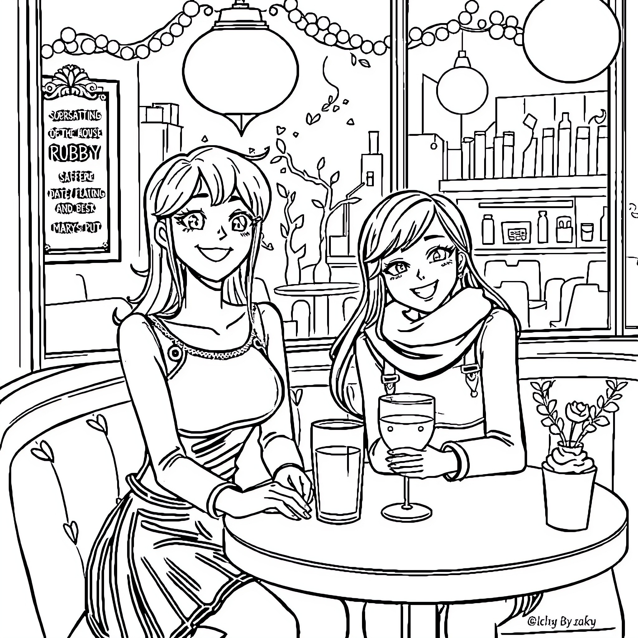 Ruby Meets Friends at Cozy Cafe Coloring Page (free black-and-white line drawing printable PDF for all, from beginners to advanced learners, including children, teens, adults, and seniors)