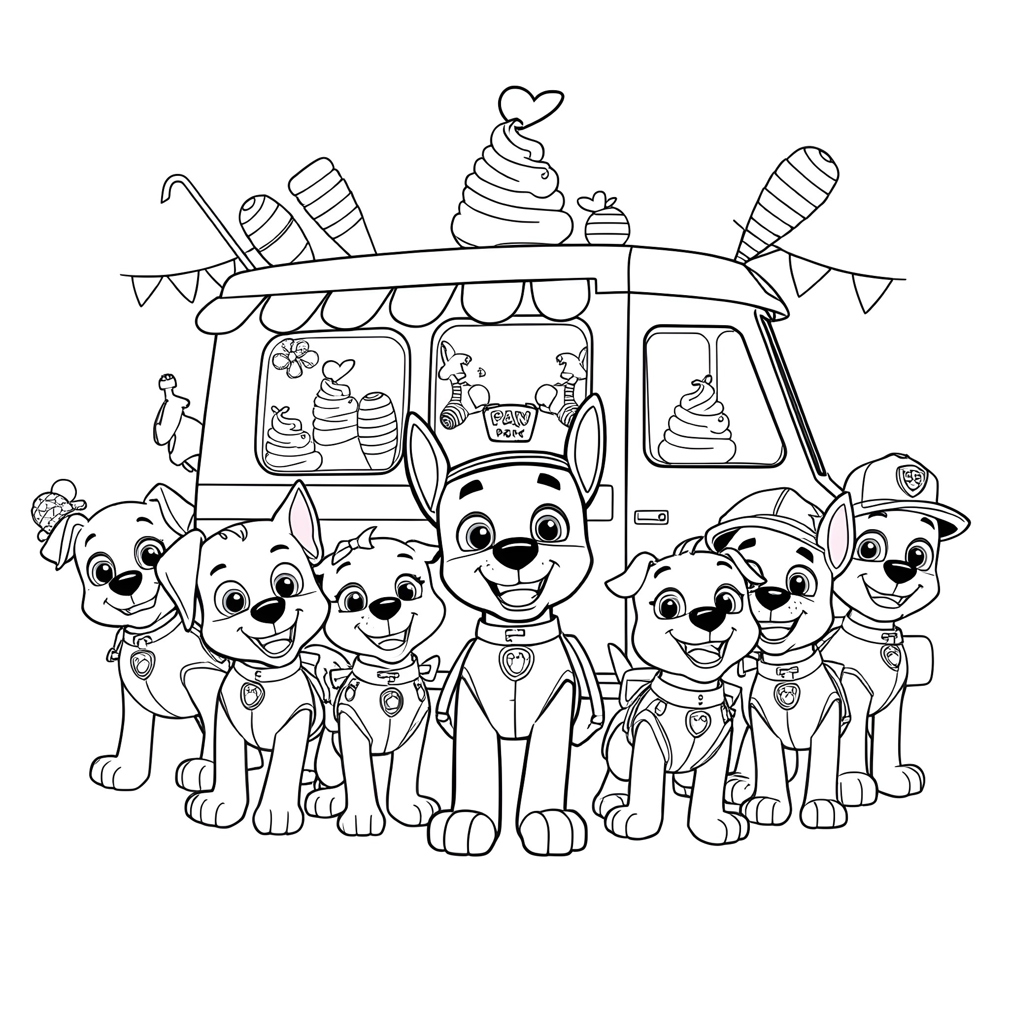 Paw Patrol treats and fun with ice cream truck Coloring Page (free black-and-white line drawing printable PDF for all, from beginners to advanced learners, including children, teens, adults, and seniors)