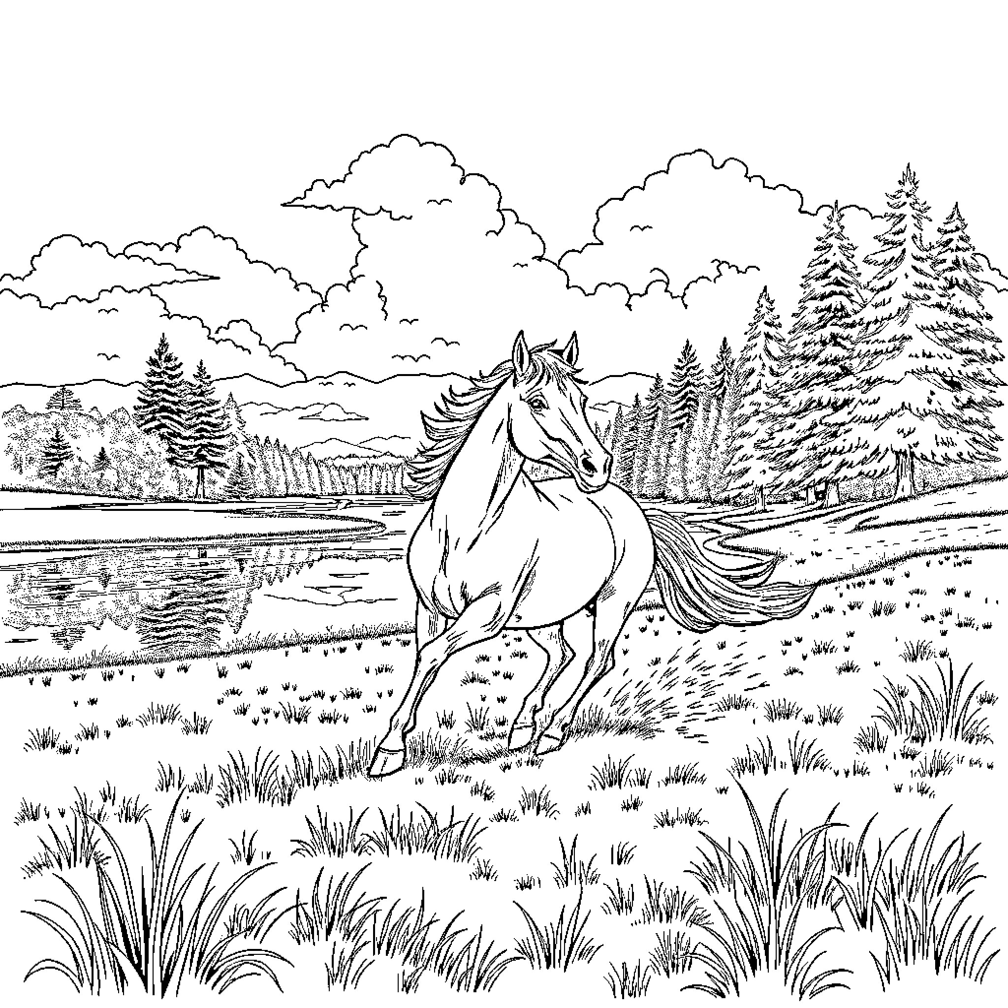 Cheval running freely through the serene landscape Coloring Page (free black-and-white line drawing printable PDF for all, from beginners to advanced learners, including children, teens, adults, and seniors)