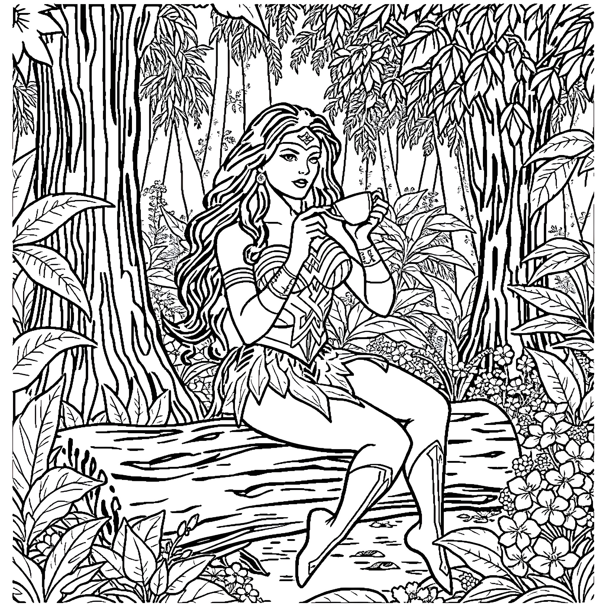 Wonder Woman relaxing in a lush tropical forest Coloring Page (free black-and-white line drawing printable PDF for all, from beginners to advanced learners, including children, teens, adults, and seniors)