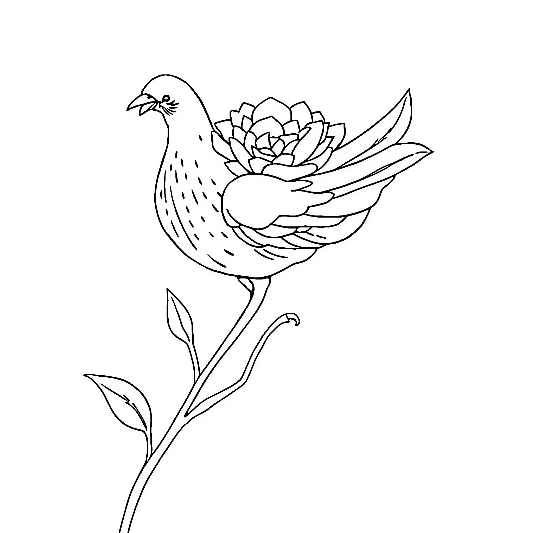 Photo of a bird perched on a flowering plant Coloring Page (free black-and-white line drawing printable PDF for all, from beginners to advanced learners, including children, teens, adults, and seniors)