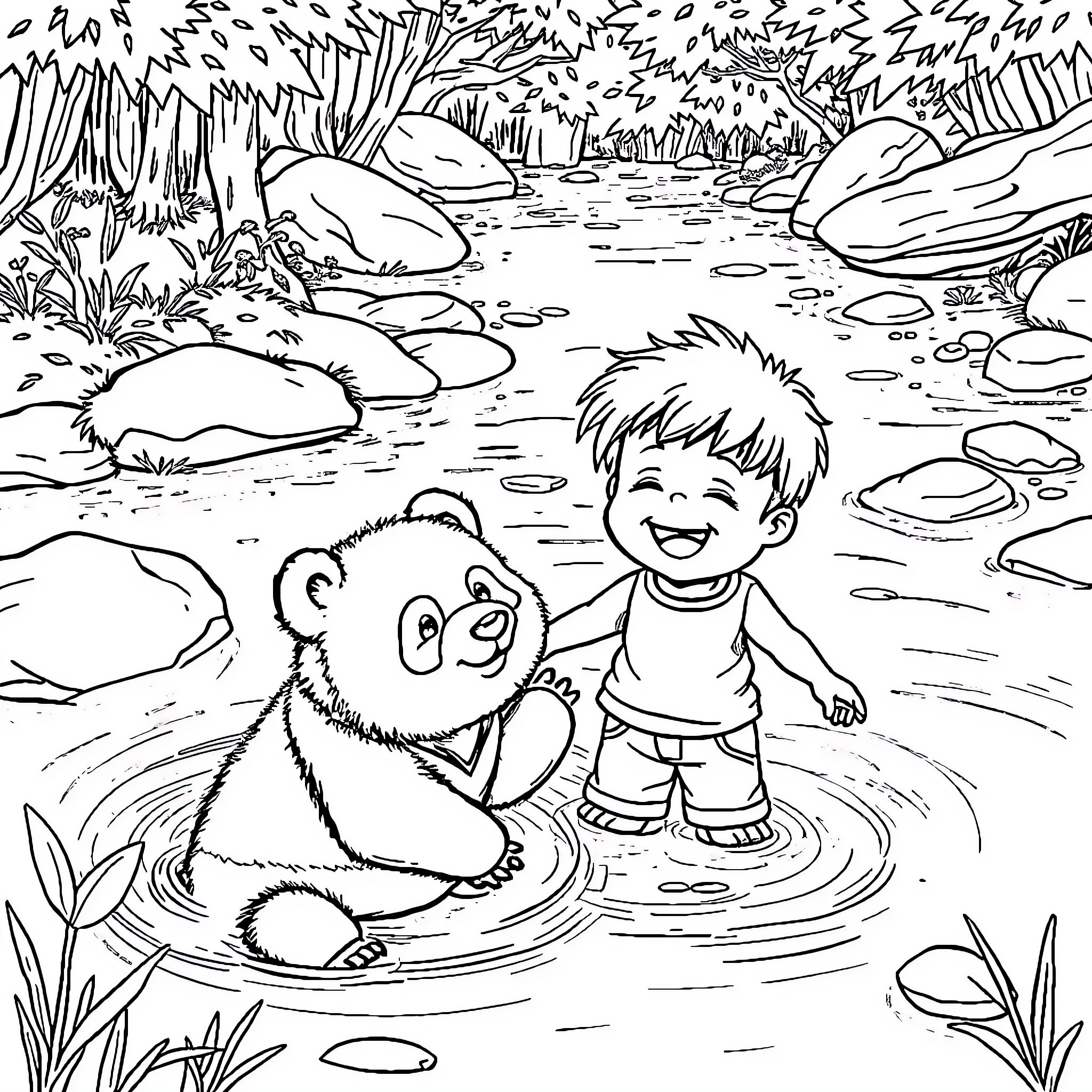 Child playing happily with stuffed animal in the stream Coloring Page (free black-and-white line drawing printable PDF for all, from beginners to advanced learners, including children, teens, adults, and seniors)
