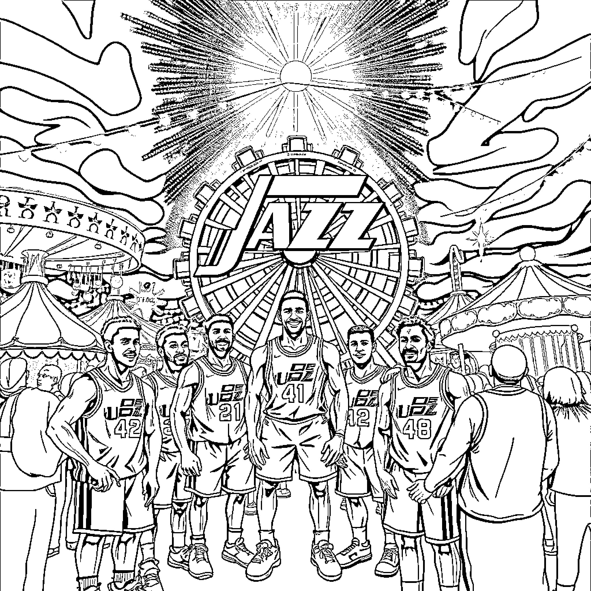 Basketball Team Celebrating Victory at Lively Carnival Coloring Page (free black-and-white line drawing printable PDF for all, from beginners to advanced learners, including children, teens, adults, and seniors)