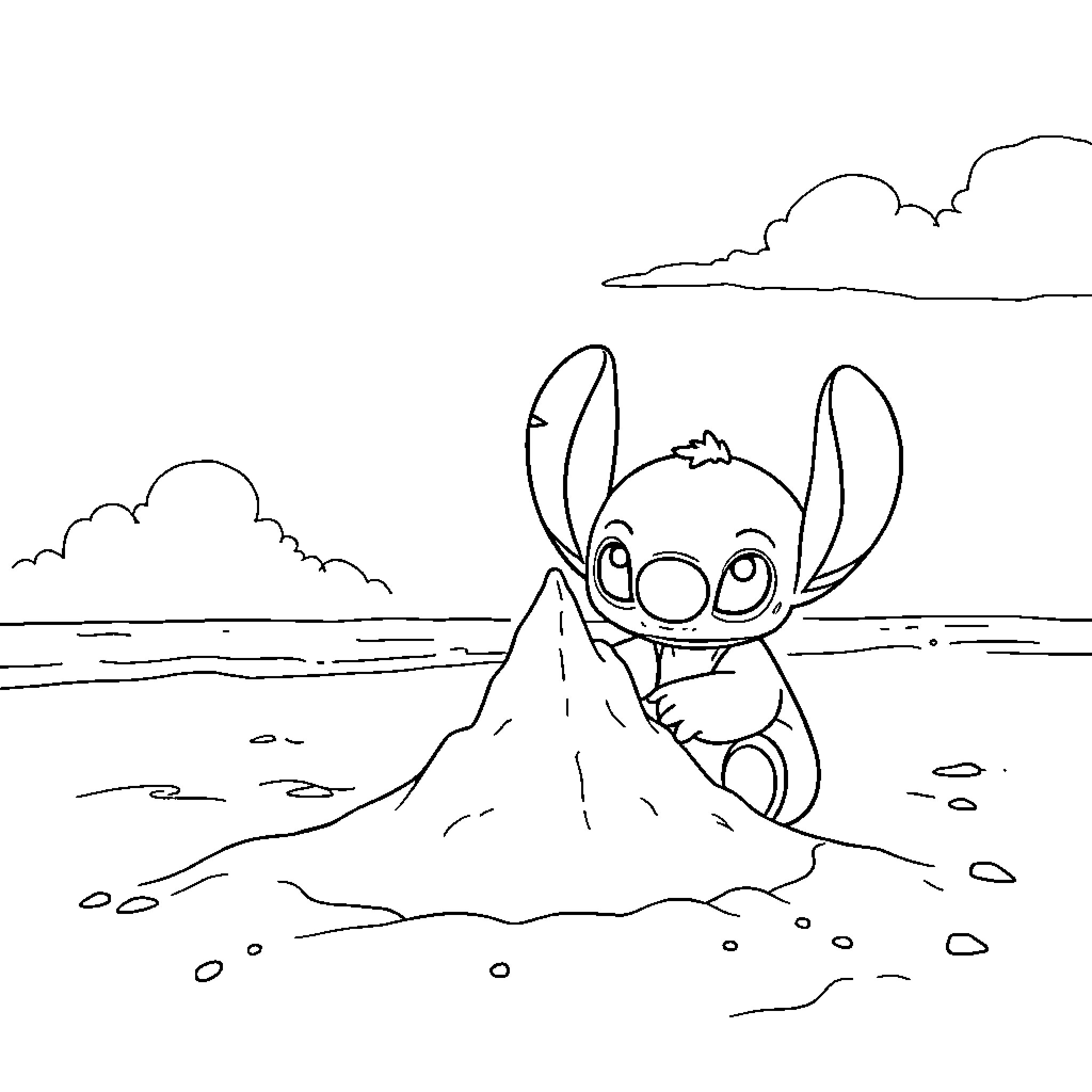 Kuromi playing in the sand on the beach Coloring Page (free black-and-white line drawing printable PDF for all, from beginners to advanced learners, including children, teens, adults, and seniors)